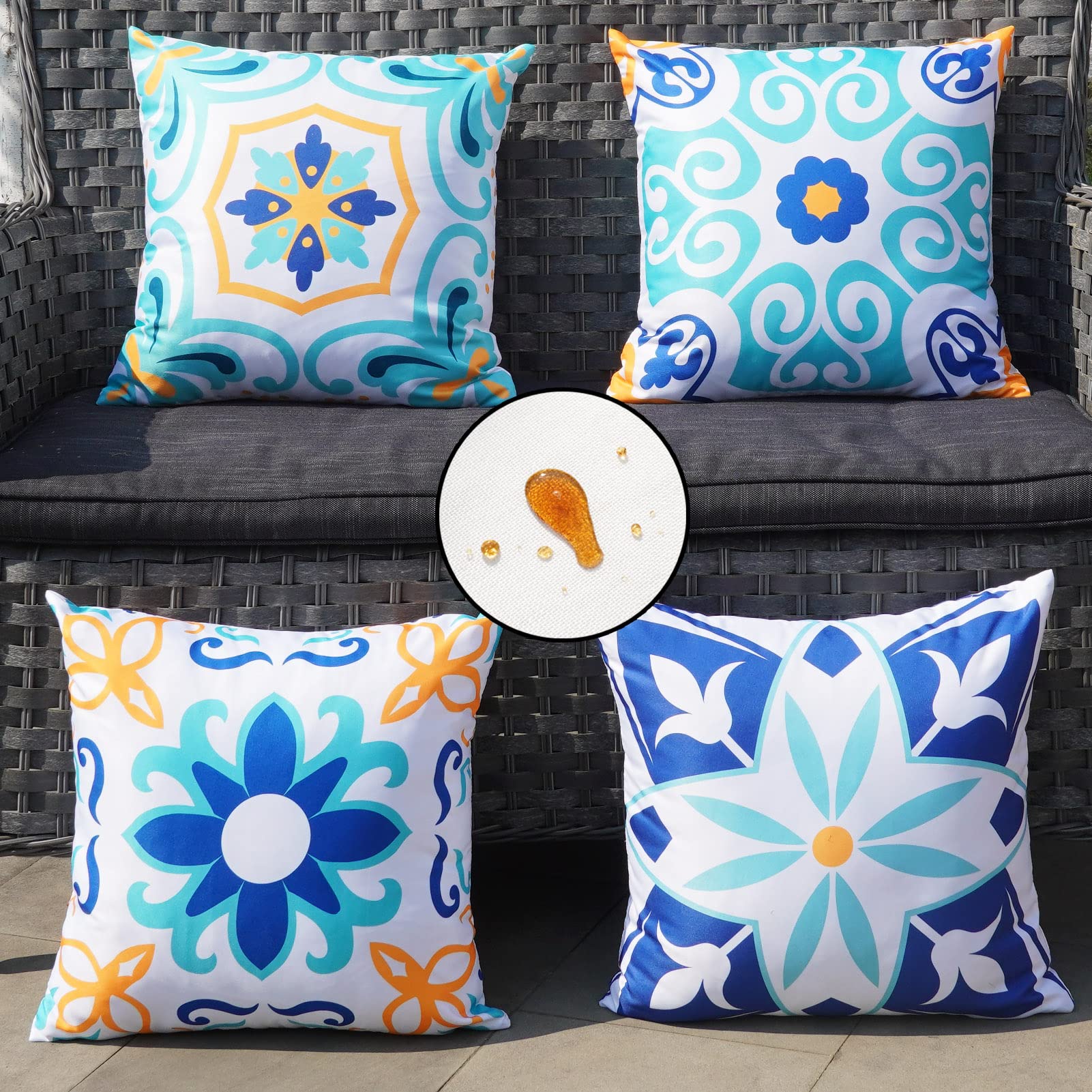 ONWAY Outdoor Boho Pillow Covers Waterproof 18x18 Set of 4 Floral Farmhouse Decorative Outdoor Throw Pillows for Bench Couch Patio Furniture Decorations