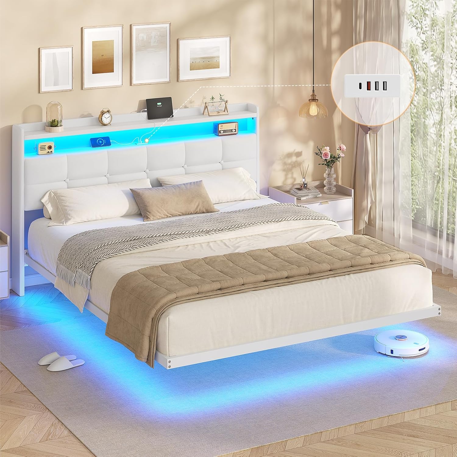 AOGLLATI Cama de matrimonio de 160 x 200 cm con efecto visual levitante, estructura de cama con LED y estación de carga, cama con cabecero acolchado y estructura de metal, sin colchón, color blanco