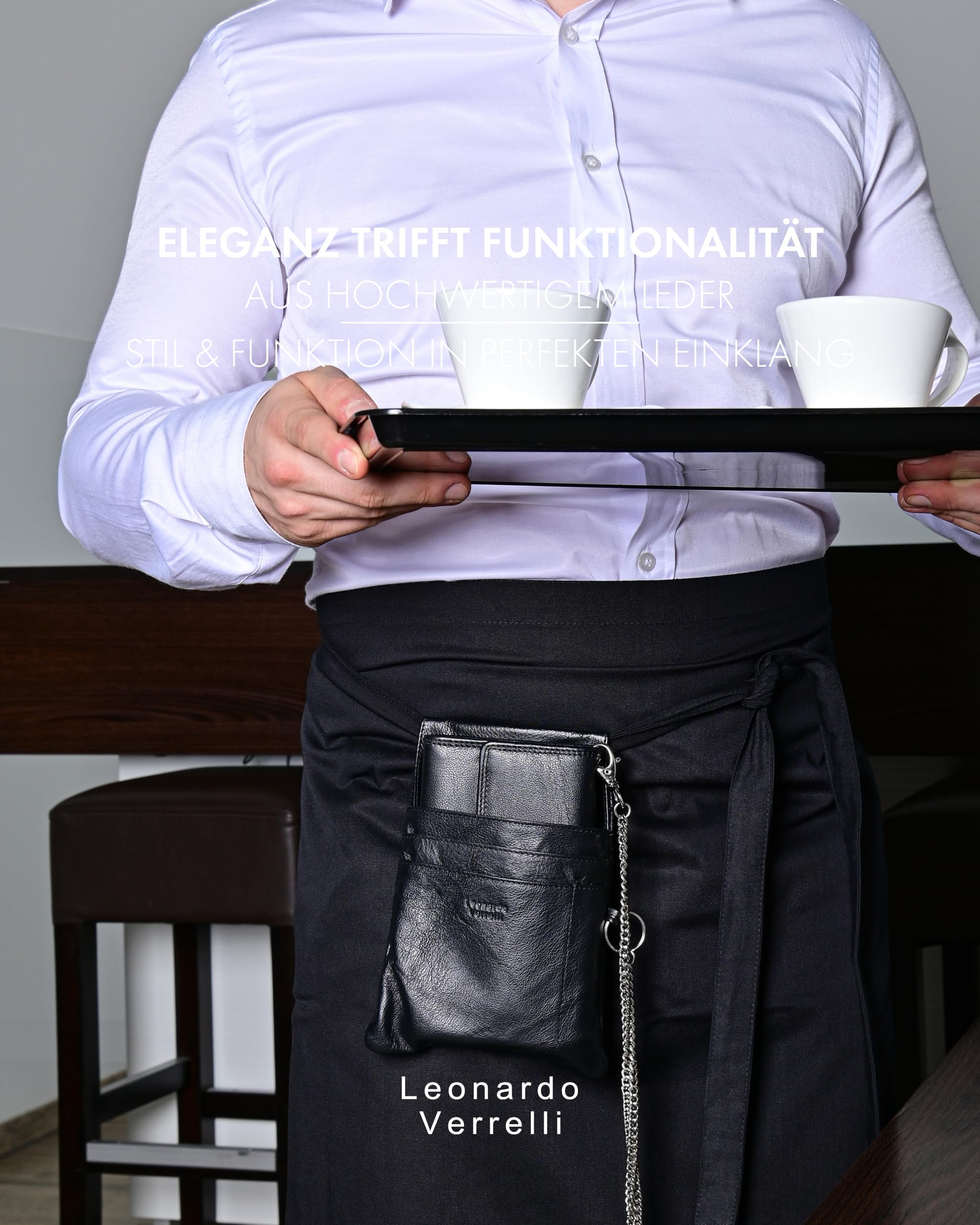 Kellner Geldbörse aus Leder, Kellner Börse, Geldbeutel, Taxi, Service für Damen Herren Portemonnaie mit oder ohne Holster, Steck-Tasche, mit Kette und Münzfach schwarz