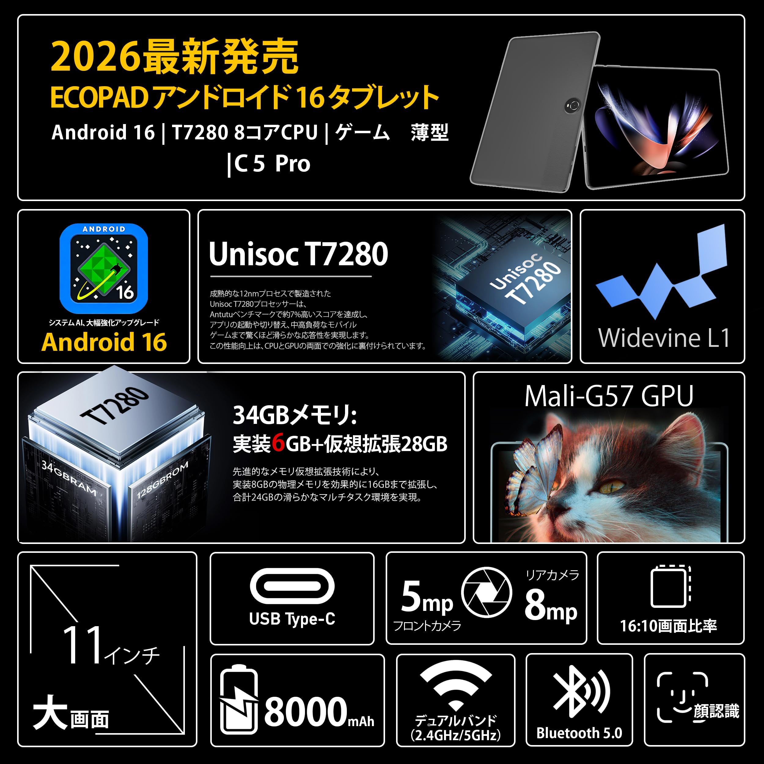 タブレット 11インチ 8コアCPU Amazon.co.jp: 【ECOPAD タブレット Android16 セット】アンドロイド
