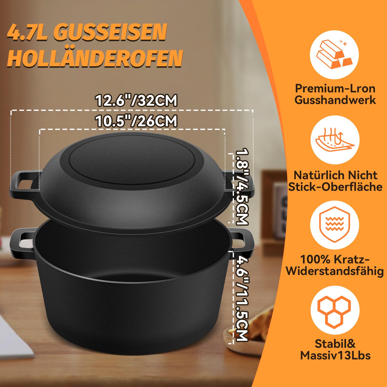 NZQXJXZ Gusseisen Topf Brot Backen Dutch Oven für Brotbacken, 26cm Brotbackform mit Banneton Brot Gärkorb Sauerteig Brotbacken Zubehör, 2-in-1 Brotbacktopf mit Pfanne Deckel Kochen Pan