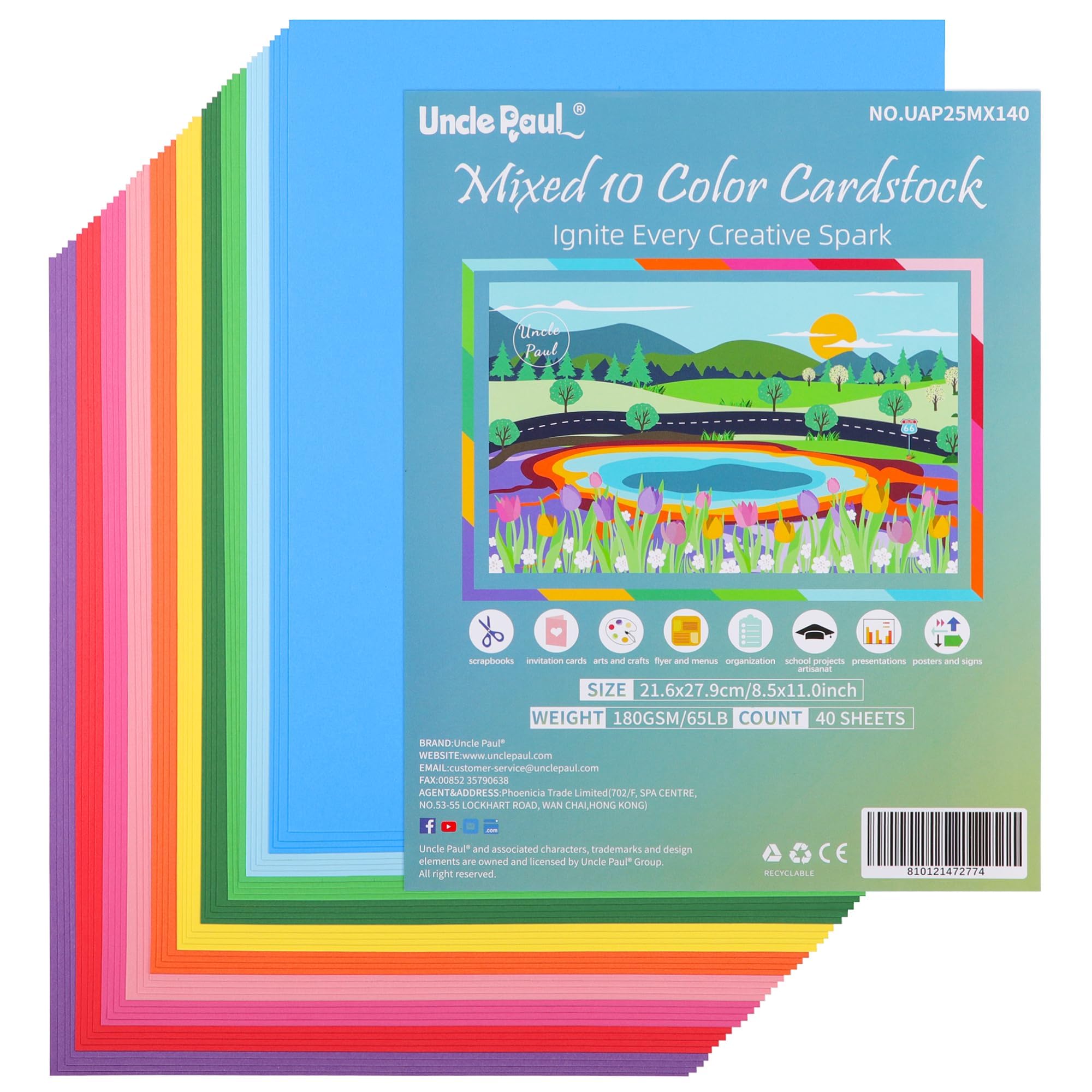 Uncle Paul 40 Sheets Mixed 10 Colors Cardstock - 8.5'' x 11'' Double-sided Cover Card Stock 65lb Printer Paper Perfect for Scrapbooking, Crafts,