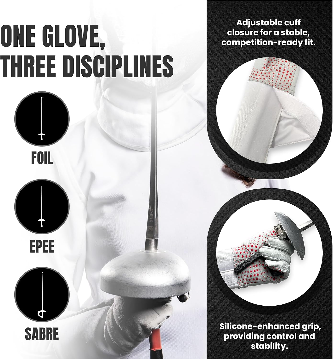 Fencing Glove, 3-Weapon Washable, Pro-Grip Silicone Design, Foil Epee and Saber, Competition Approved