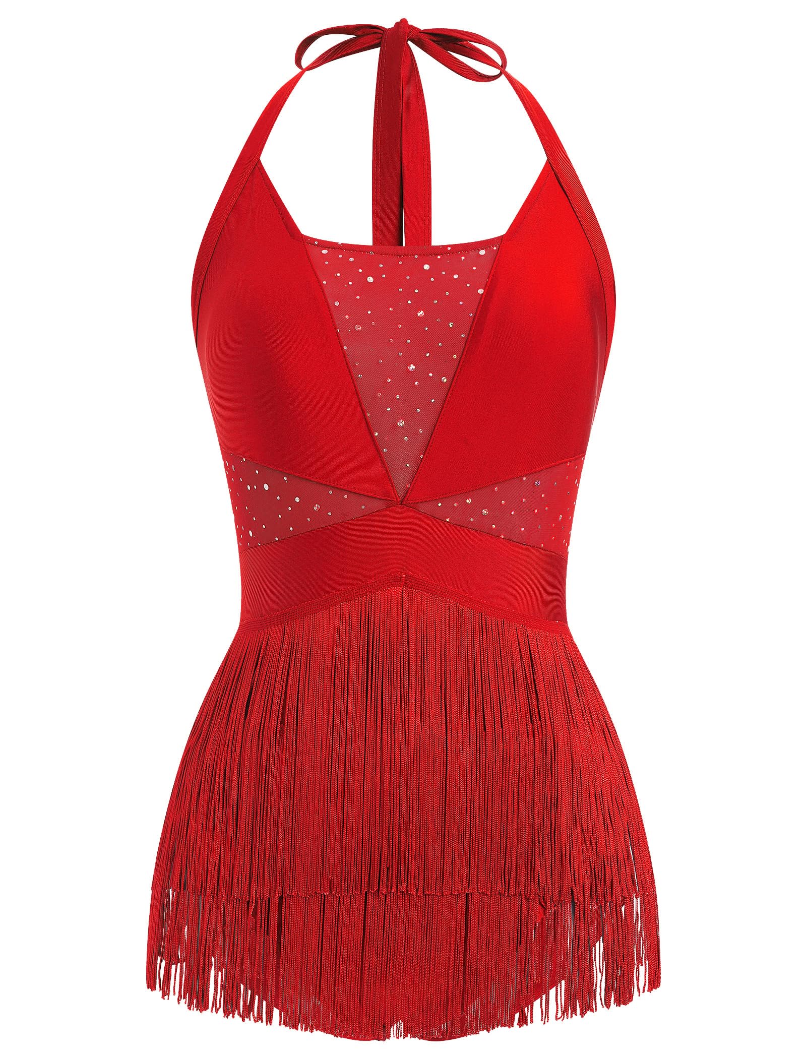 Damen-Body mit Neckholder, Fransen, offener Rücken, Glitzernetz, Salsa, Jazz, Latein-Tanzkleid, sexy Konzert, glitzernde Quasten-Outfits