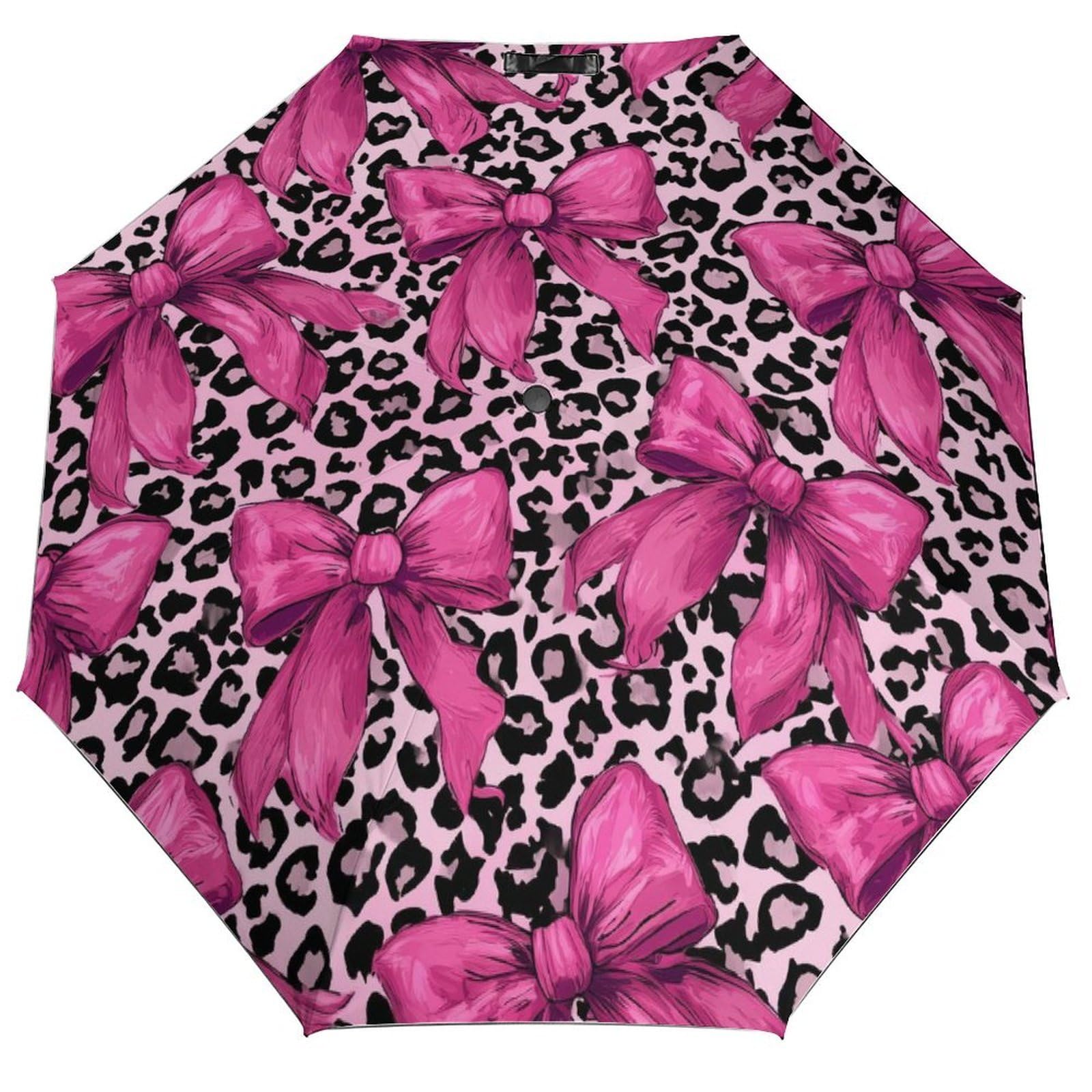 Jubonexis Pink Bows on Leopard Print Folding Umbrella 3 Folds Auto Windproof Travel Umbrellas Strong Lightweight Umbrellas for Outdoor Sun & Rain