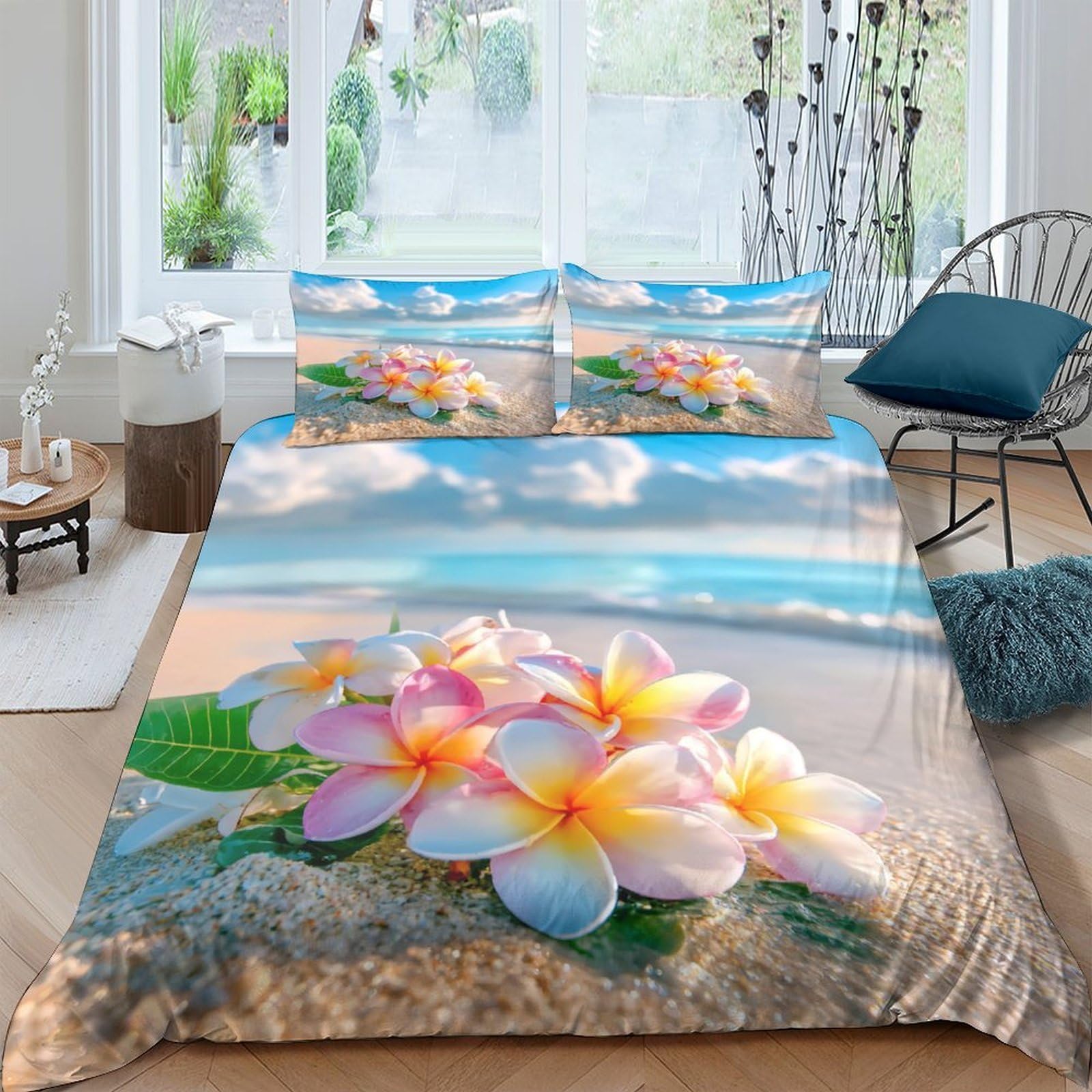 XFKLYNVCJ 3D Printed Beach Flowers Quilt Cover Premium Polyester Tropical Floral Duvet Cover Wrinkle Resistant Stain Resistant Durable Easy Care Machine Washable for Bedroom King（220x240cm）