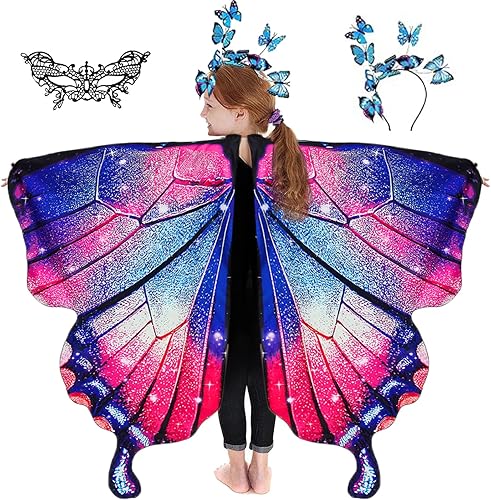 Miniatura 8 de Alas de mariposa para niñas, disfraz de mariposa para fiesta de Halloween, alas de hadas con máscara y diadema de antenas