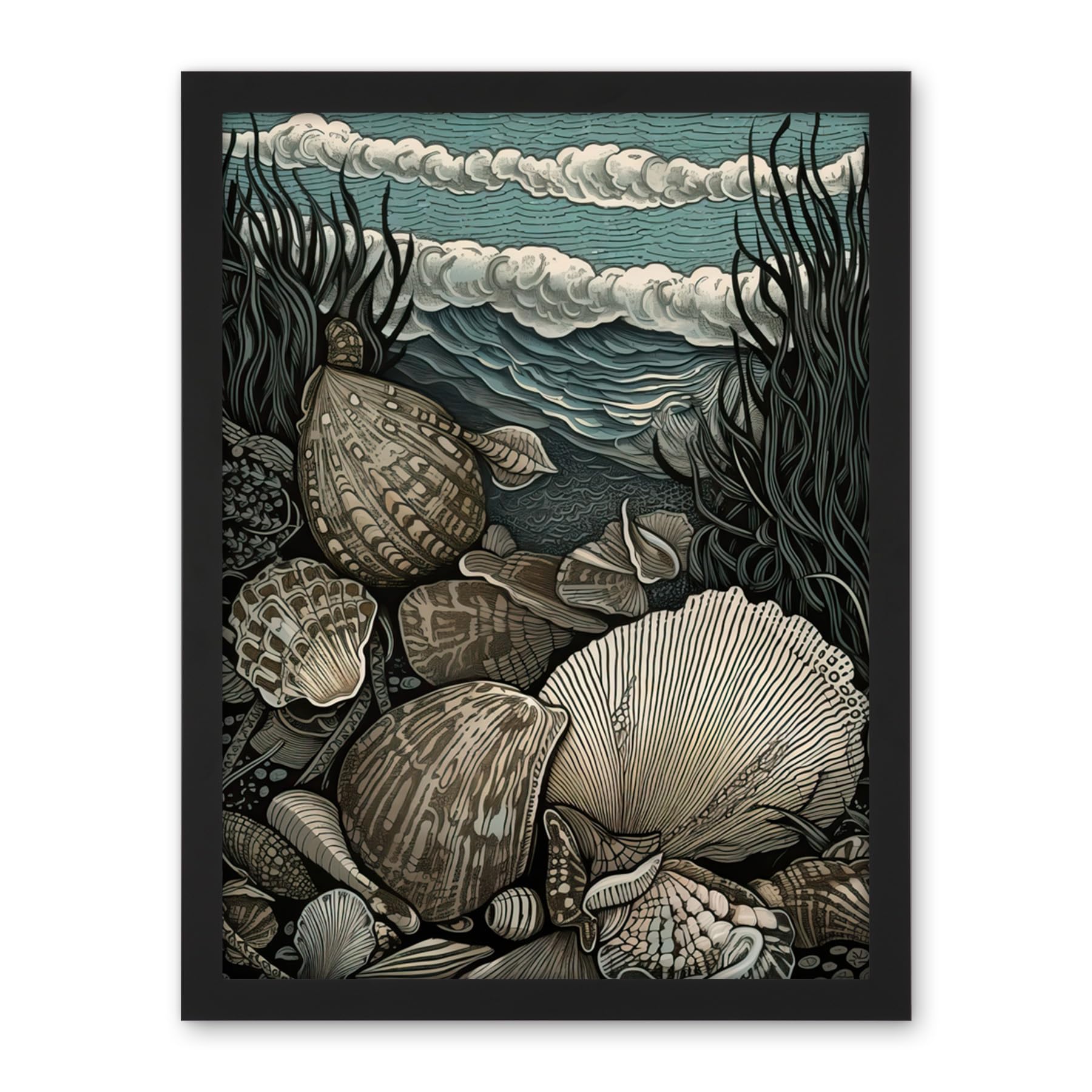 Artery8 Seashells by the Shore Modern Coastal Illustration Artwork Framed Wall Art Print 18X24 Inch