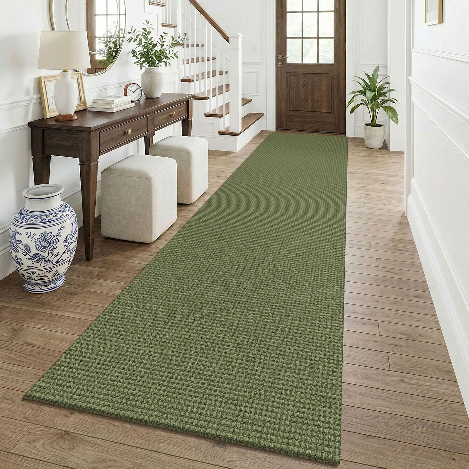 KOZYFLY Cotton 2.5'x12' Runners Rugs for Hallway, Long Washable Runner Rug, Woven Non Slip Kitchen Runner, Braided Entryway Rug, Floor Carpet for Entry, Aisle, Hall, Olive Green/Earthy Green — image 1