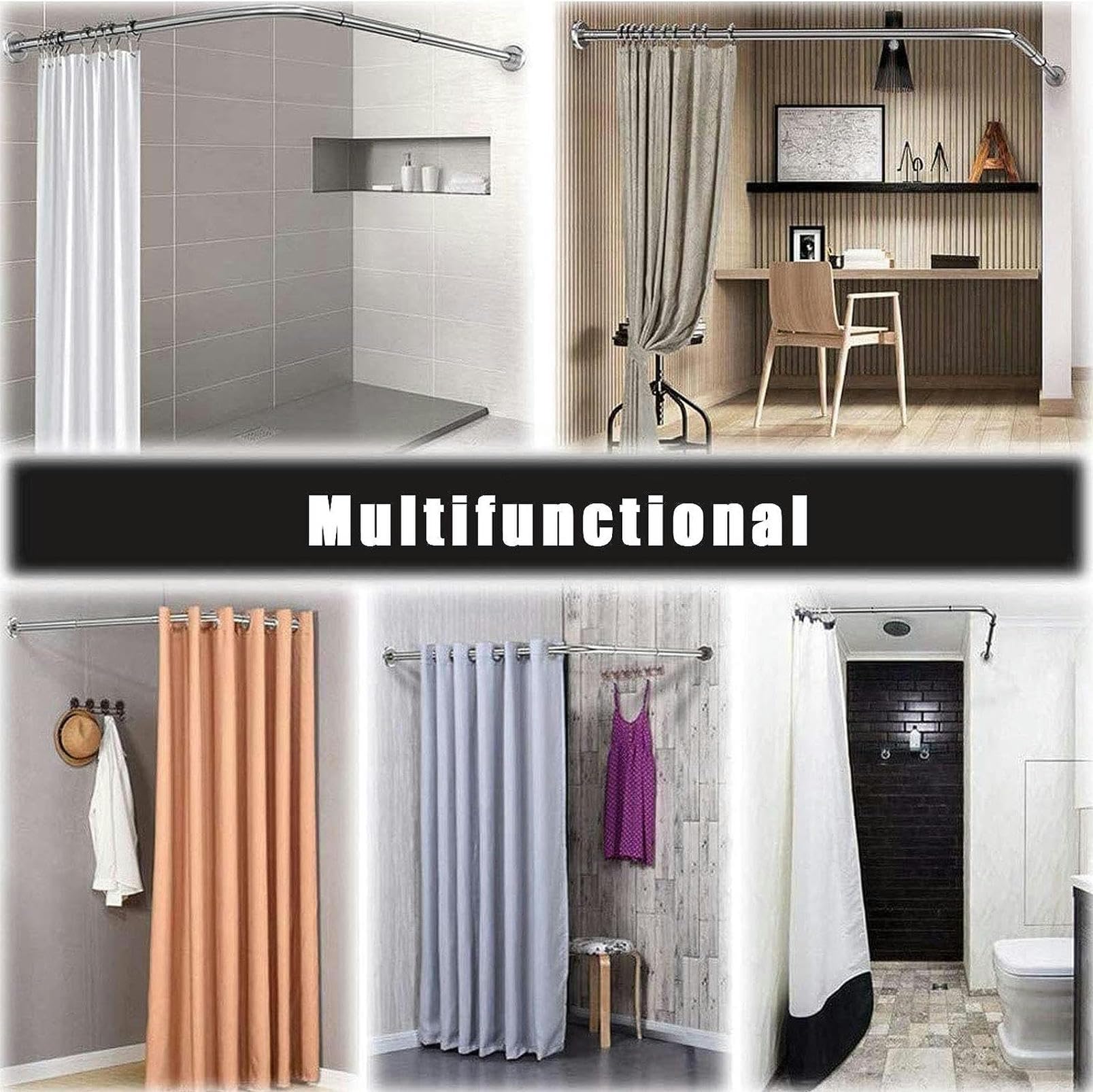Barra de cortina de ducha de esquina, extensible, sin taladrar, barra de ducha curvada en forma de L, montaje en pared, acabado de níquel cepillado