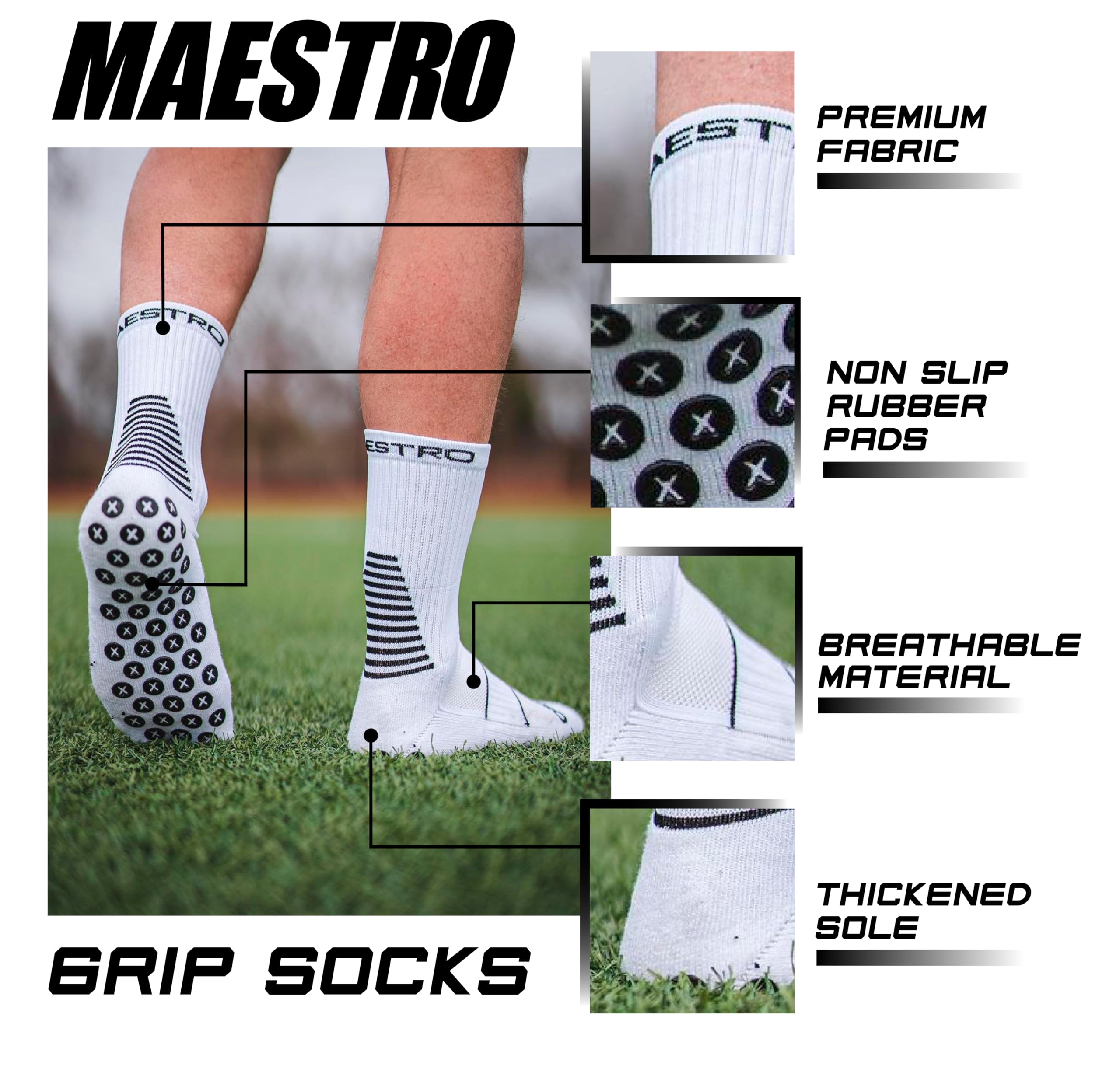 Maestro - Calcetines antideslizantes para fútbol para hombre y mujer con almohadillas antideslizantes, ideales para fútbol, baloncesto y deportes