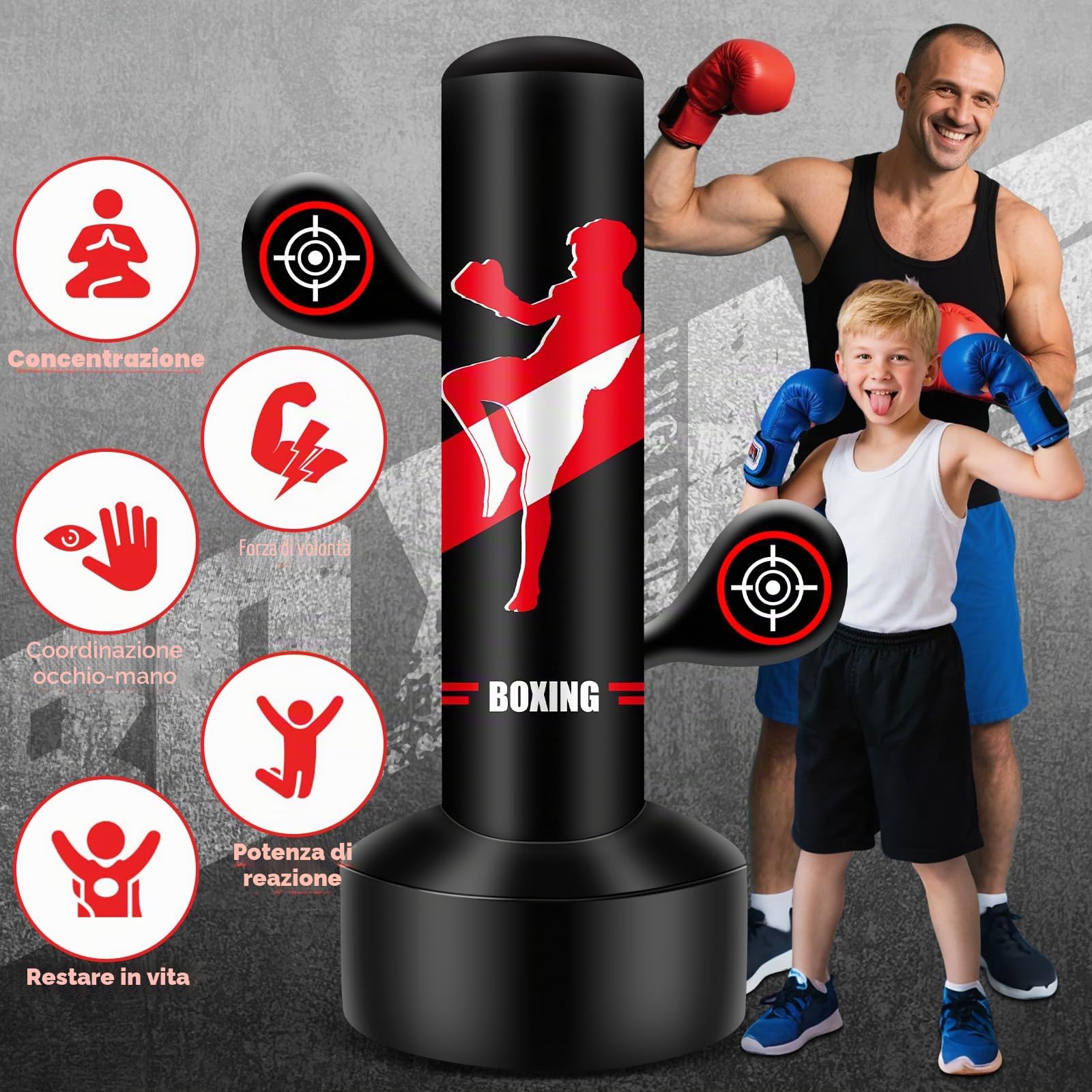 Sacco da boxe bambini, set da boxe con pompa e corda per saltare 165 cm, grande sacco boxe gonfiabile, regalo per bambini e bambine dai 3 ai 12 anni per esercitarsi con il karate