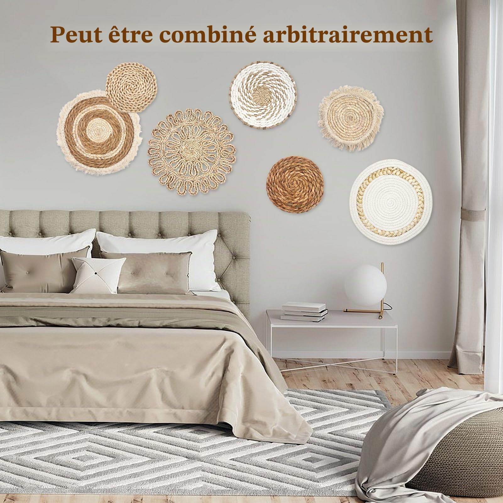 Ensemble de 7 paniers muraux Boho, décor mural en rotin, paniers tissés plats et ronds en hyacinthe d'eau et en écorce de maïs, décoration de style ferme artisanale en macramé pour salon, chambre