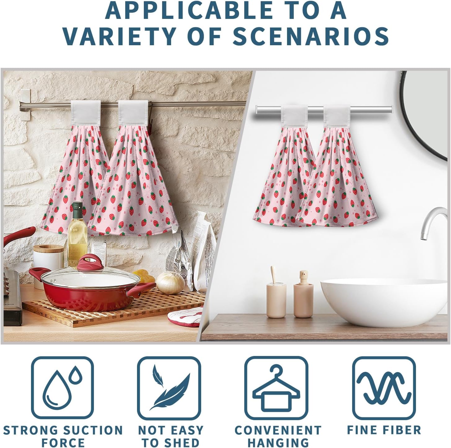 Strawberry Kitchen Hanging Towels Set of 2 Summer Pink Red Cute Hand Towel with Hanging Loop Farmhouse Strawberries Fruit Tea Dish Towel Soft Absorbent Bath Tie Towel for Bathroom - Image 6