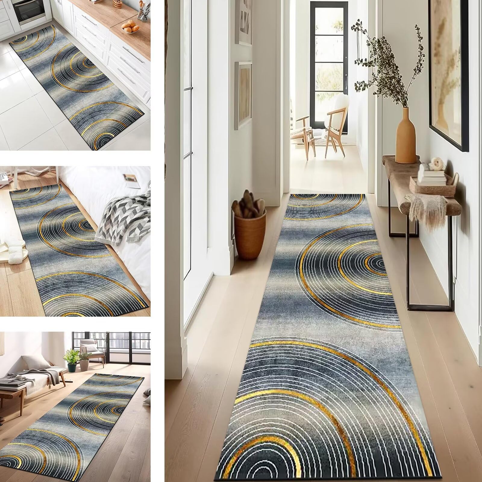 Tapis de couloir bleu blanc et doré : fini les sols glissants !