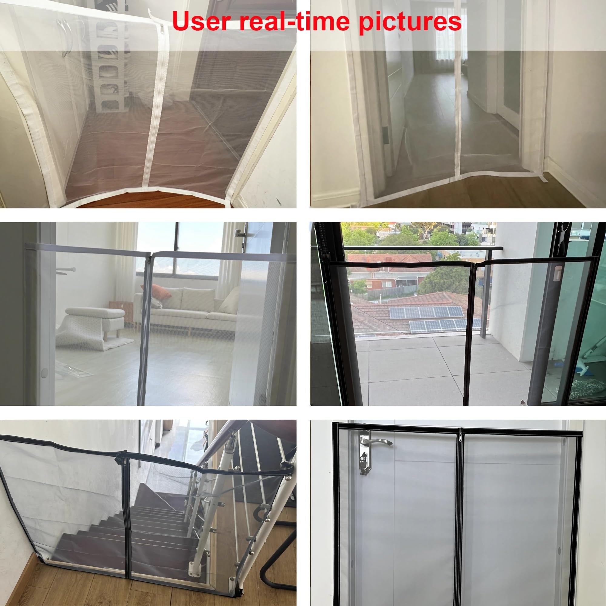 Hundeschutzgitter mit Reißverschluss & Selbstklebend, Katzennetz Tür mit Anti-Katzenkratzen, Treppenschutznetz für Wohnzimmer/Schlafzimmer, Kindersicherung Treppe ohne Bohren(Gray mesh black frame,140