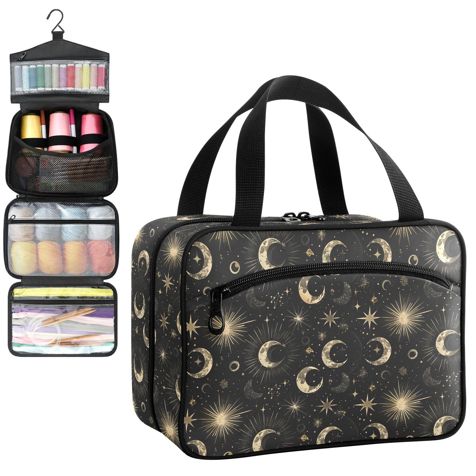 YNNALE Sewing Supply Organizer Bag, Black and Gold Crescent Stars Portable Sewing Bags with Pockets&Hanger, Sewing Storage Box Case for Sew Supplies/Kit/Tools/Accessories (BAG ONLY)