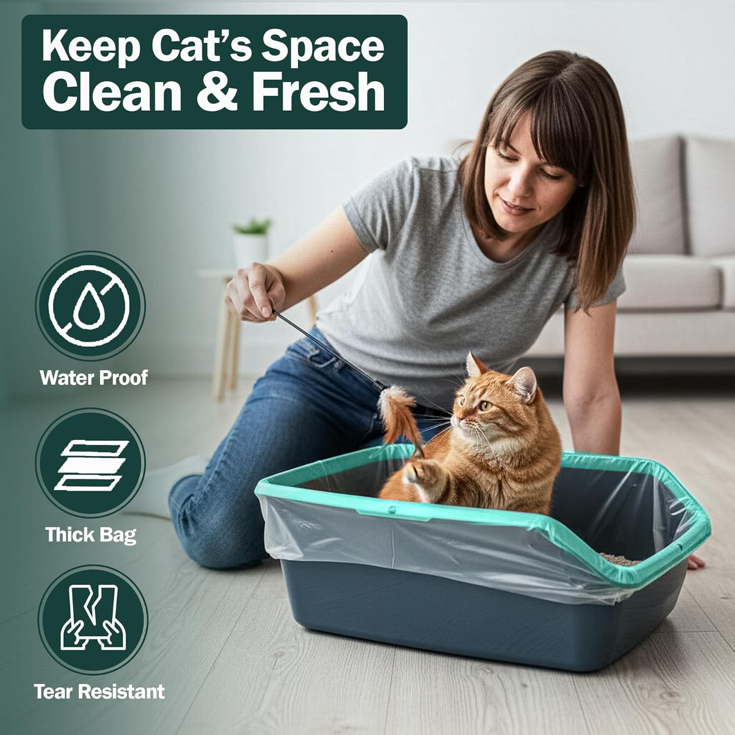 50 Count Jumbo Litter Box Liners 39x22 – Jumbo Cat Litter Box Liners, Heavy Duty Jumbo Cat Litter Liners, Leakproof Tear-Resistant Bags with Drawstring for Easy Mess-Free Cleaning