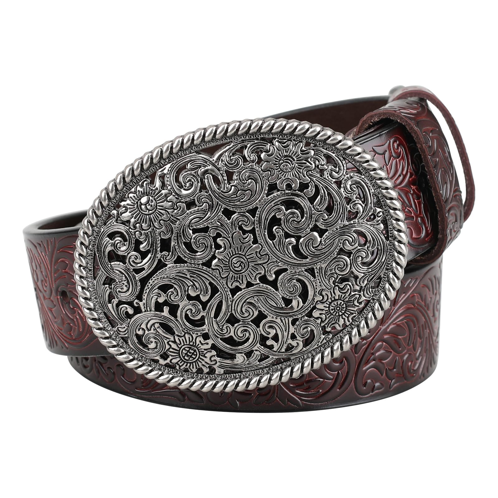 Jiary Men's Brown Western Leather Belt Strap For Wo Cowboy Cowgirl Leather Belts For Jeans, Large Western Engraved Buckle Embossed Belt,,95Cm/37.4''