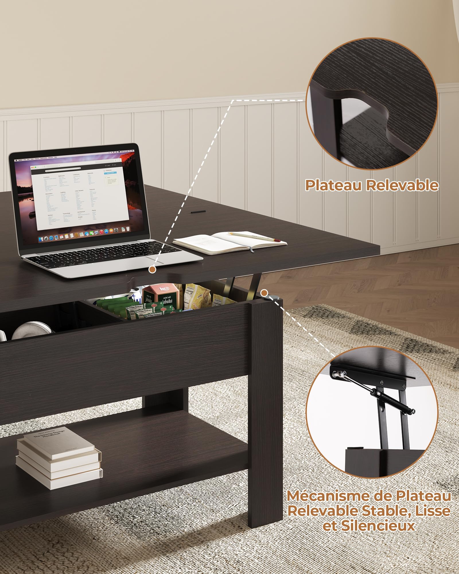KIMENICH Table Basse Relevable et Pliante, Table de Salon Multifonctionnelle 3 en 1, Tables à Manger avec Étagère de Rangement et Compartiment Caché, pour Salon, Bureau, Couleur Ébène