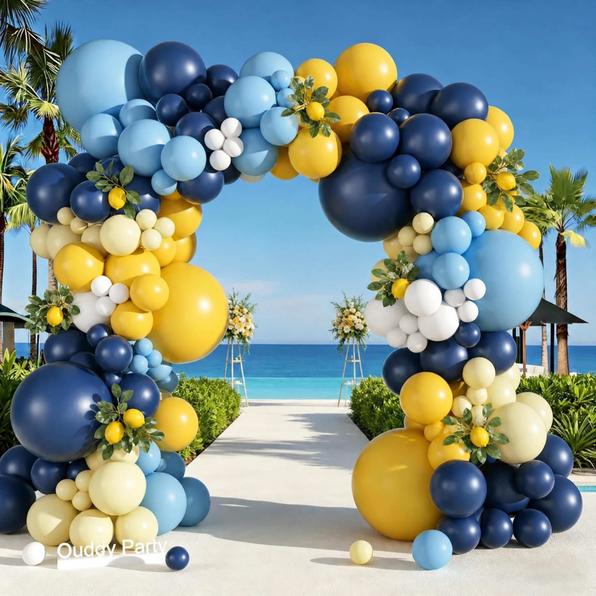 Ouddy Party 149-teiliges blaues und gelbes Ballon-Girlande-Set, verschiedene Größen, 45,7 cm, 30,5 cm, 25,7 cm, 12,7 cm, 12,7 cm, weiße Latex-Luftballons für Sommer, tropische Zitrone, Babyparty