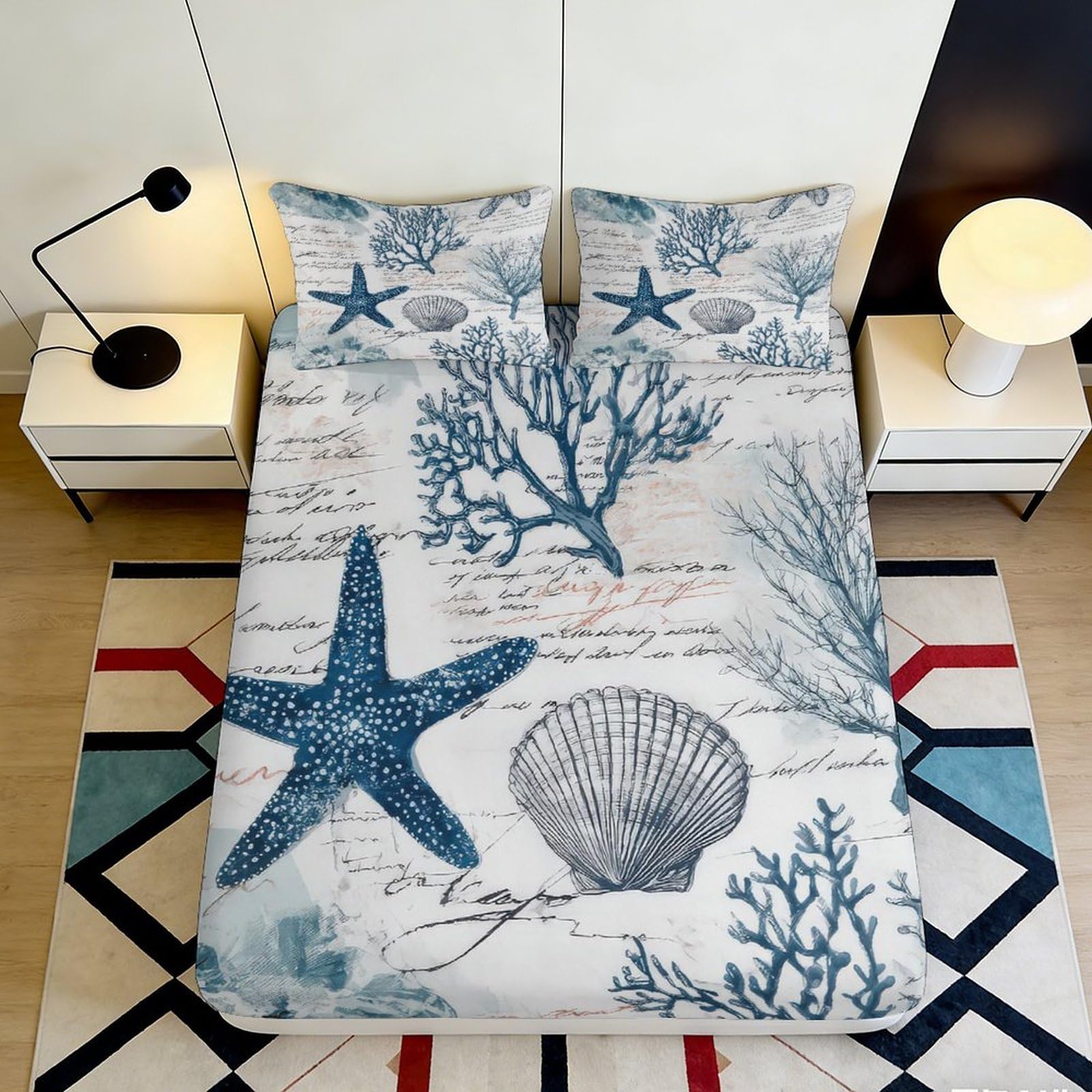 3D Printed Ocean Starfish Fitted Sheet Microfiber Soft Blue Coral Mattress Cover for Bedroom Guestroom Decor 90x200x25cm