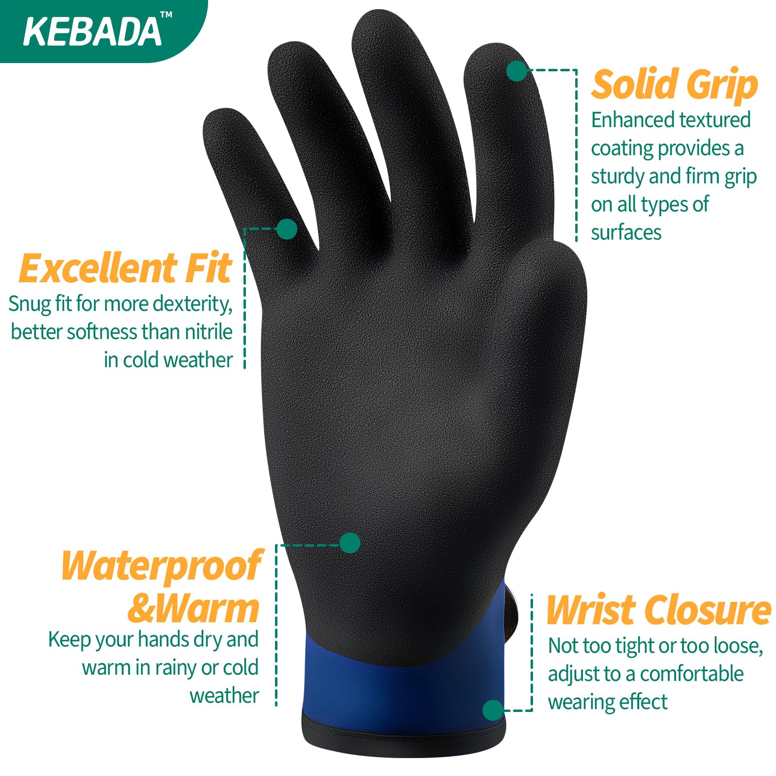 Kebada T2 - Guantes de trabajo de invierno impermeables para hombres y mujeres, guantes de congelador con aislamiento térmico para trabajar en el congelador para clima frío, revestimiento 100% látex