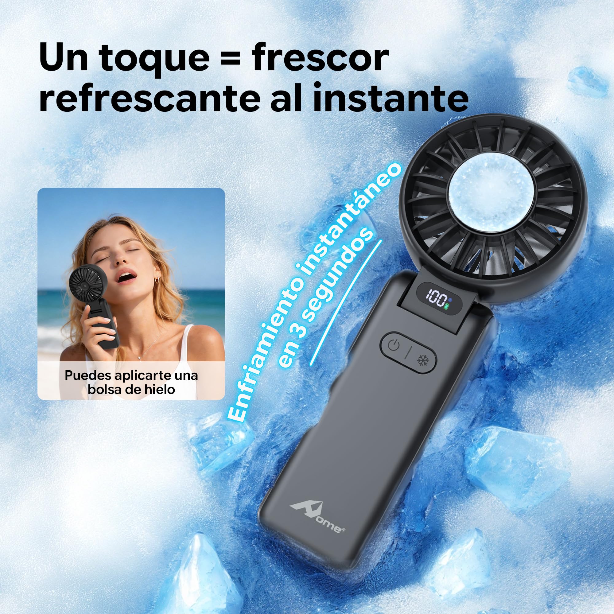 Ventilador Portátil con Refrigeración por Hielo, Enfriamiento en 3 s, Recargable, 5 Velocidades, hasta 9 m/s,carga USB-C,para Viajes, Oficina y Exterior