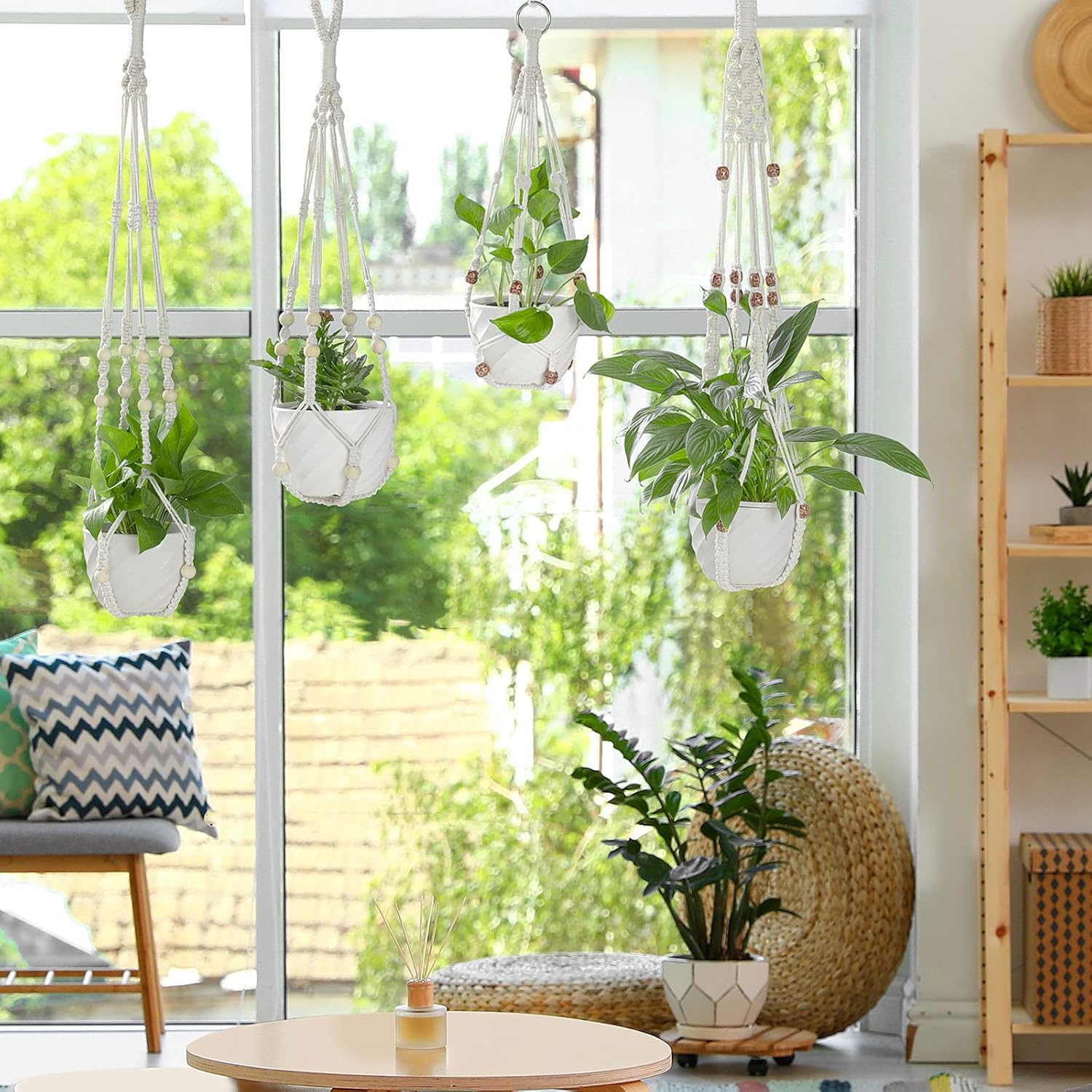4 Packs Macrame Plant Hangers, YZOYOCK Hanging Planters Indoor Outdoor Home Decor, Handmade Hanging Plant Holder 8 Hooks, SZ Ivory04