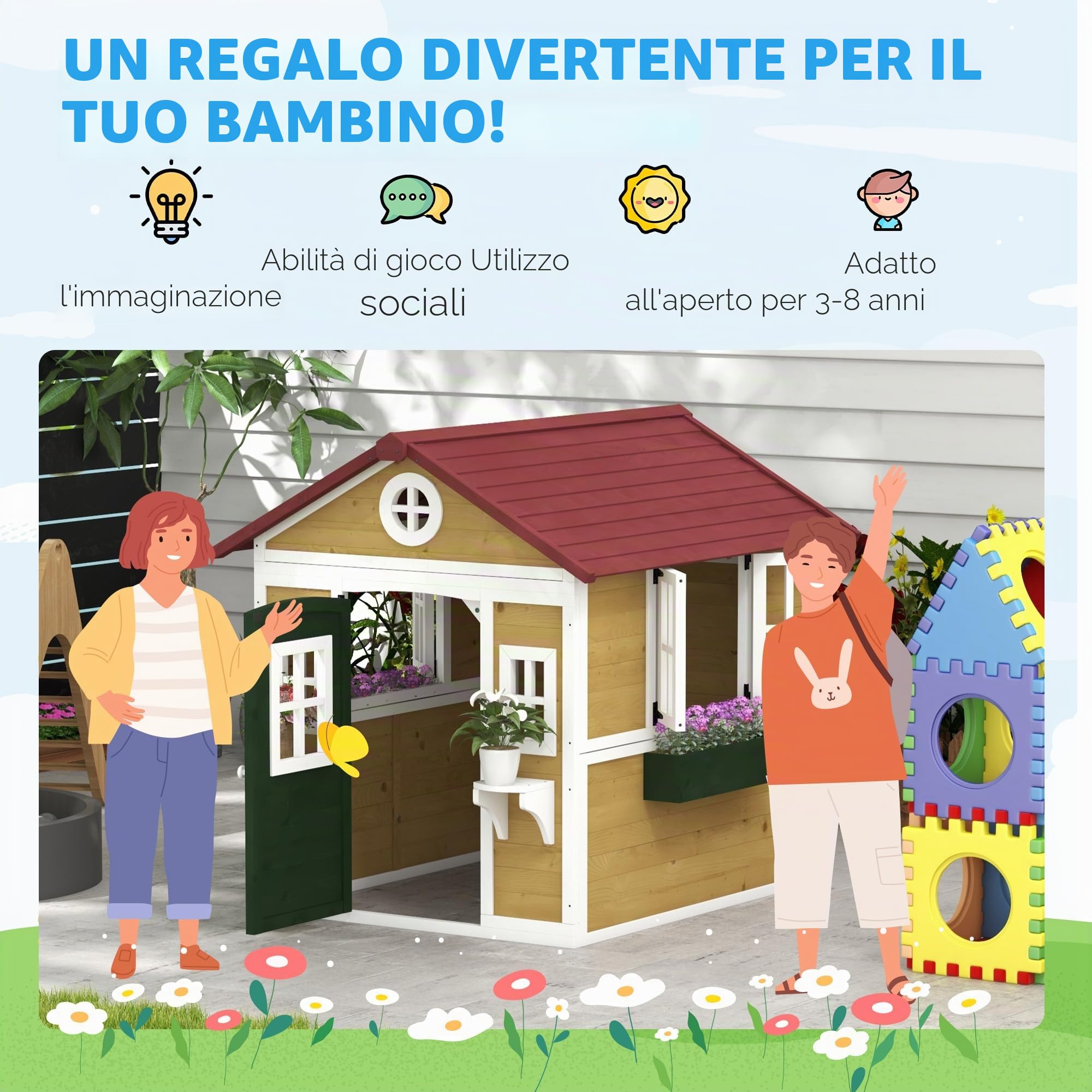 Outsunny Casetta per bambini da esterno, casetta per bambini da esterno, con porta, finestre e fioriere, casetta da giardino per bambini da 3 a 8 anni, 114 x 126,4 x 135 cm, beige