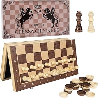 Magnetic Chess Set, 15" Folding Wooden Chess Board with Foam Storage Slots, Unique Chess Set for Kids and Adults, Portable and Foldable Wooden Board Game & Checkers Game, Including Extra Queens