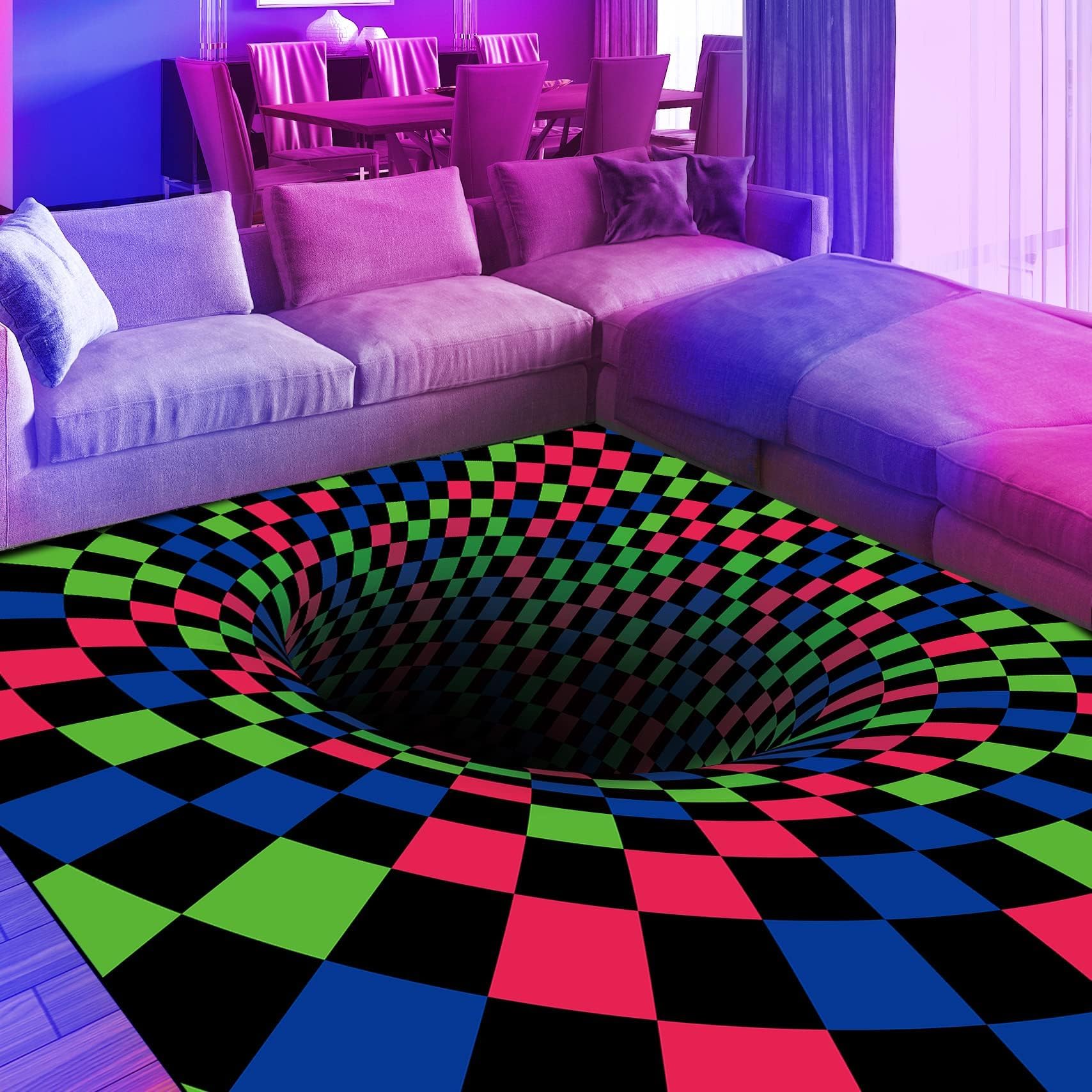 Blacklight Vortex Illusion Rug, 3D Neon UV Reactive Area Rug, Large Non-Slip Visual Optical Floor Mat Carpet, Glow in The Dark Fluorescent Playroom Bedroom Home Decor 70x47inch, Green