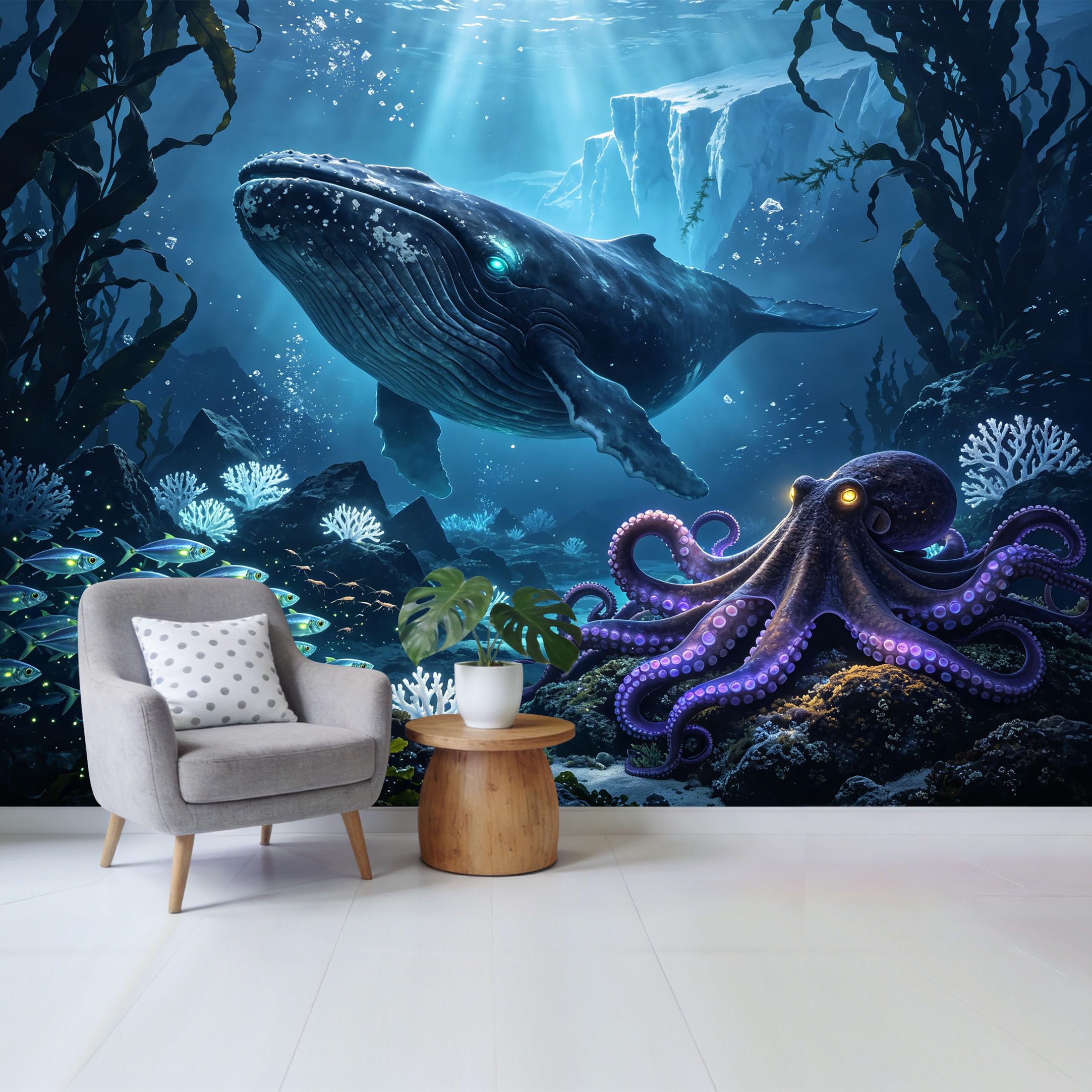 Custom Size Wall Mural Ocean Marine Underwater Whale Octopus Coral Reef Scene Removable Self Adhesive Fabric Home Wall Decor for Living Room Bedroom Bathroom