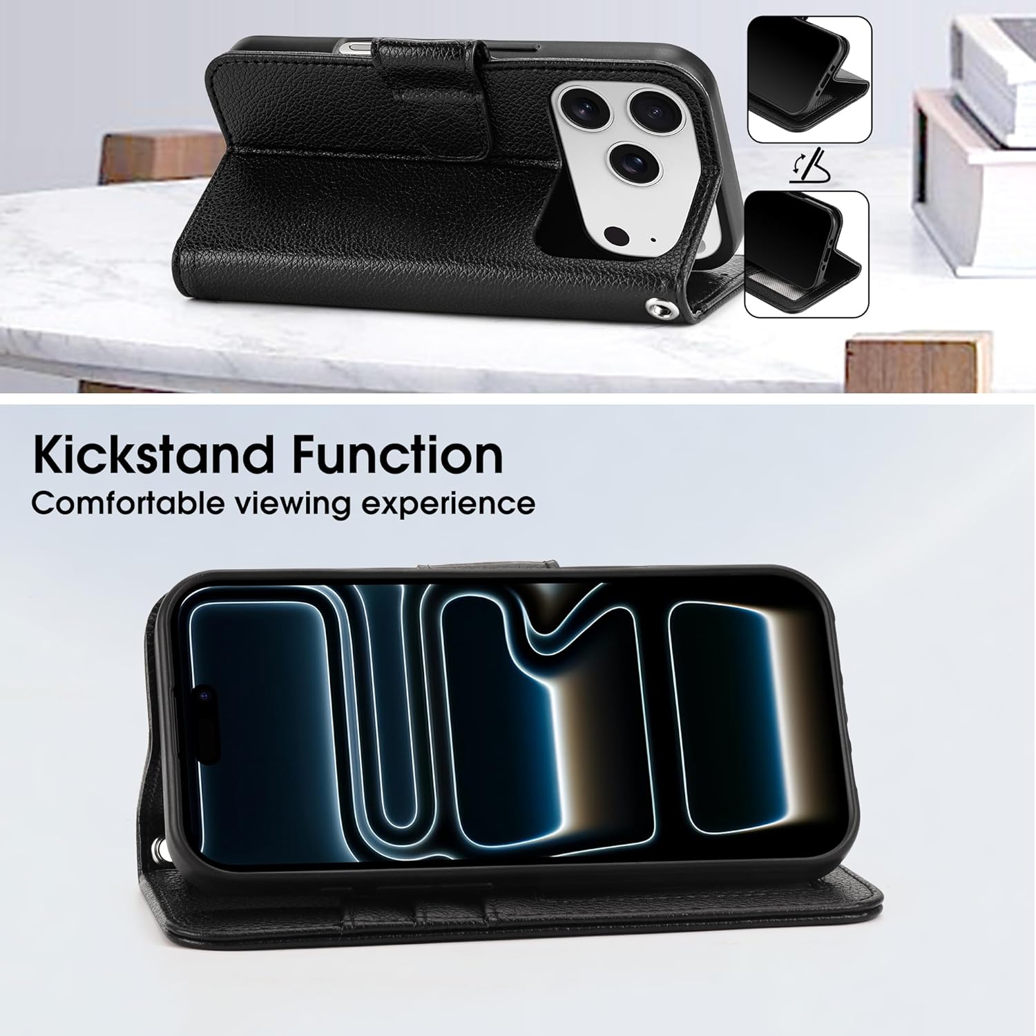 Arae Compatible with iPhone 17 Pro Case Wallet with Card Holder, Wristlet Strap Wallet Flip Cover for iPhone 17 Pro 6.3 inch Men/Women, RFID Blocking, Kickstand, Litchi Black - Image 6