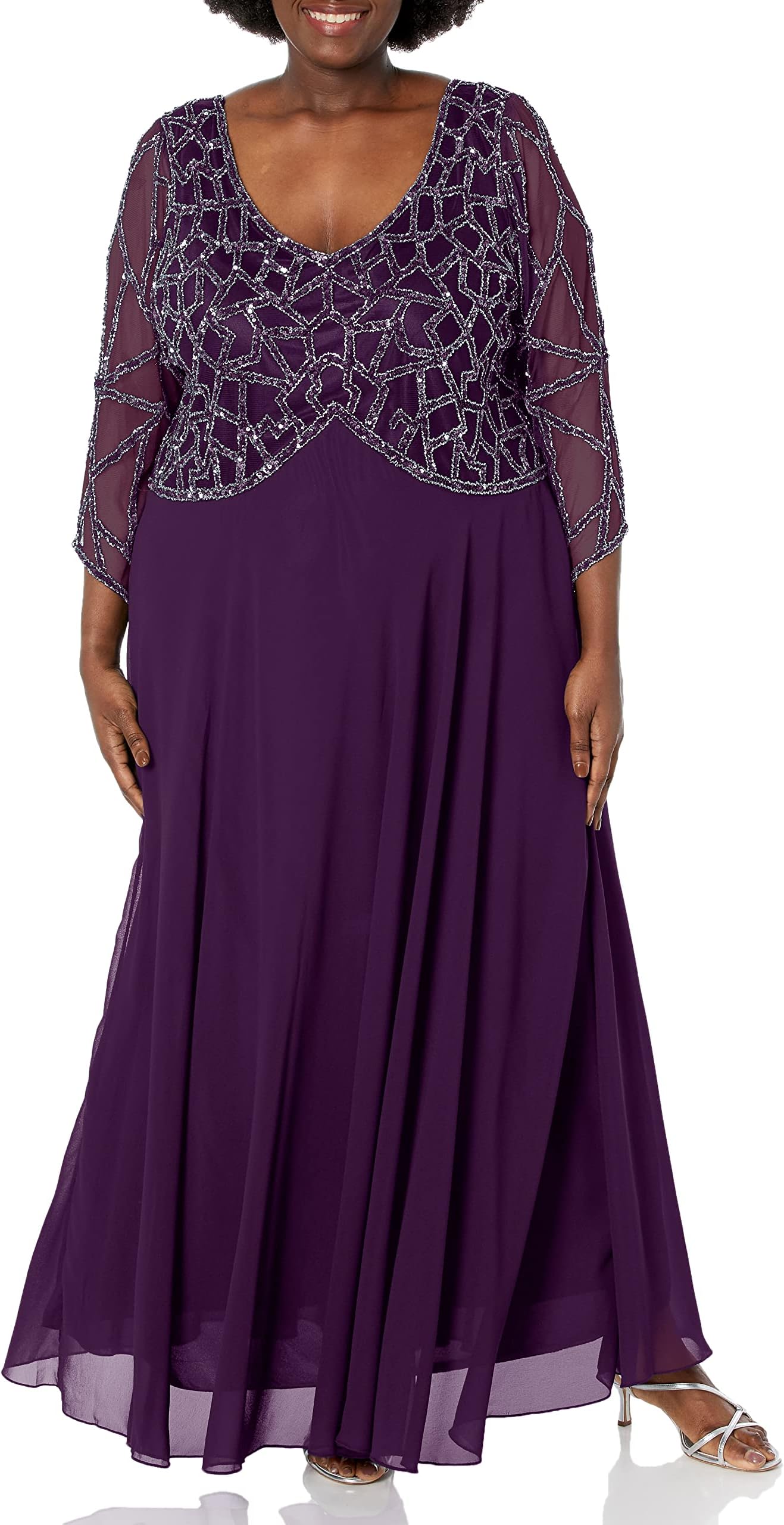J Kara Women's Plus Size 3/4 Sleeve Geo Beaded Gown