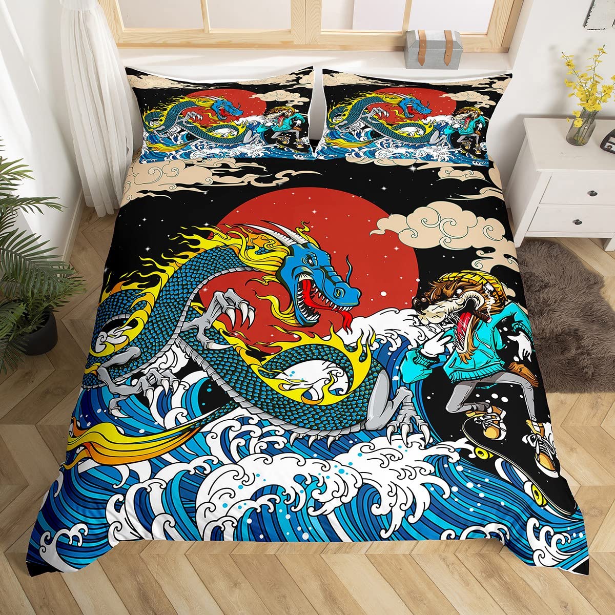 Housse de couette soleil rouge et vagues pour lit garçon et fille