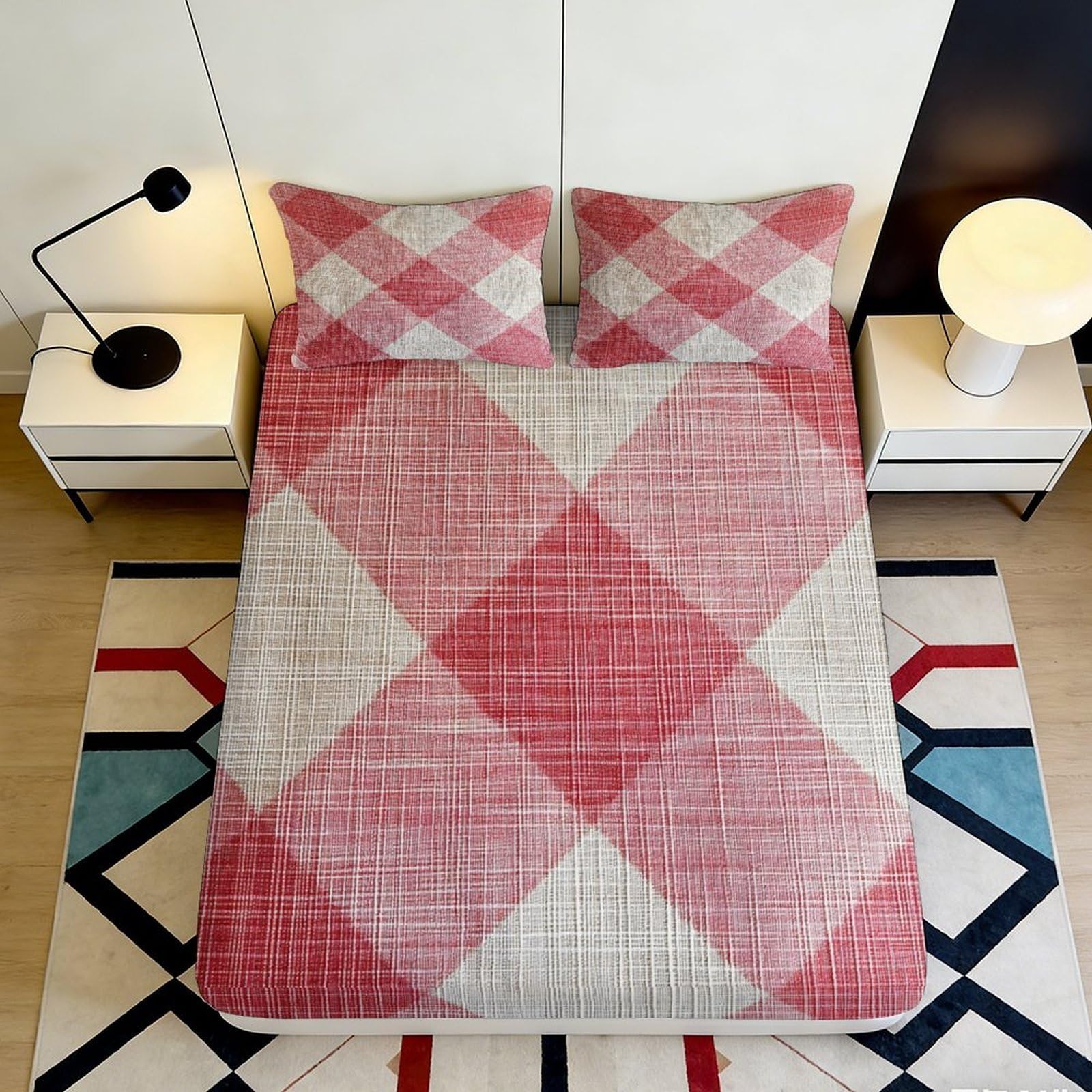 3D Printed Red Plaid Fitted Sheet Microfiber Soft Breathable Geometric Bed Cover for Bedroom Dorm Mattress Decor 90x200x25cm
