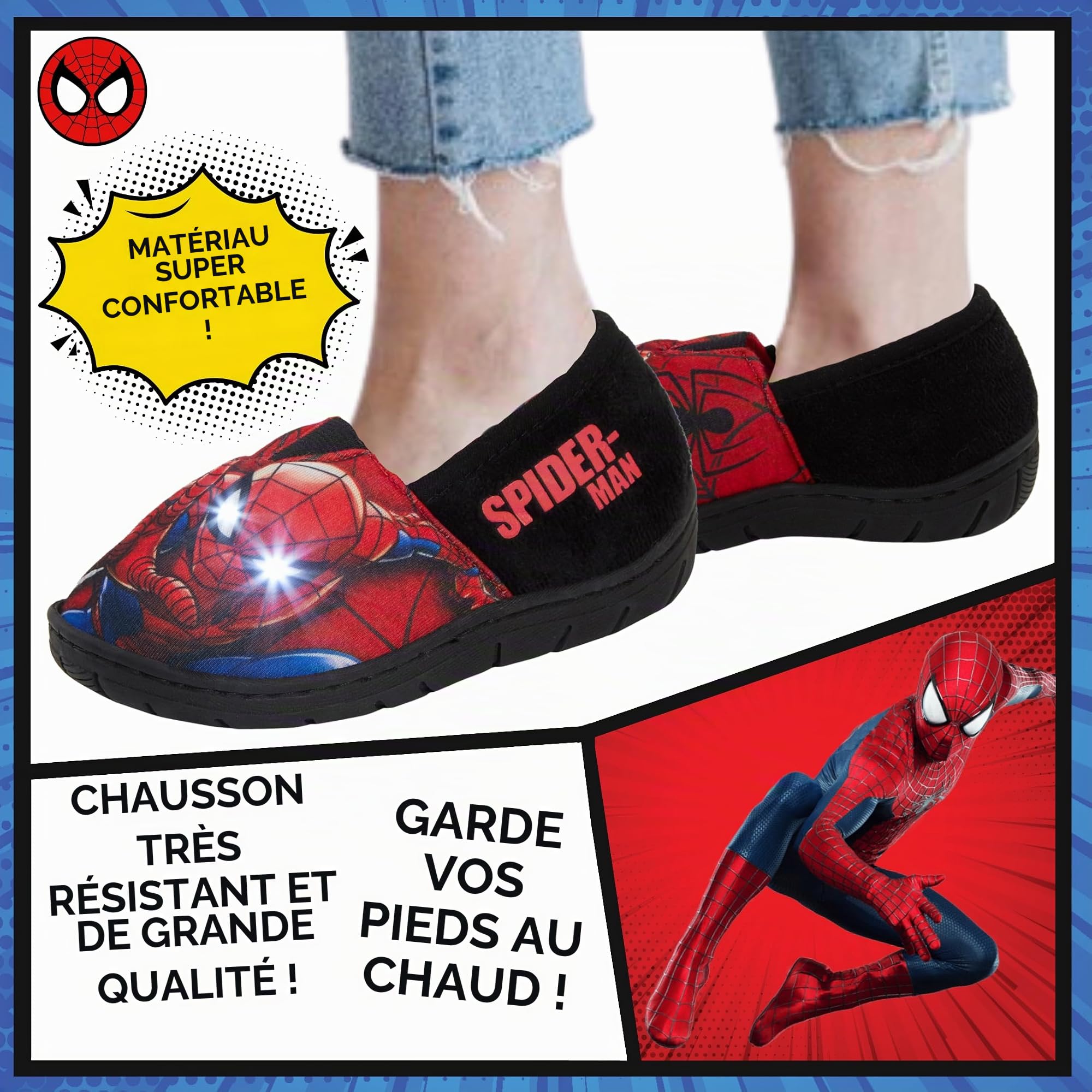 Marvel Pantoufles lumineuses à enfiler Spiderman pour garçons - Rouge - Rouge