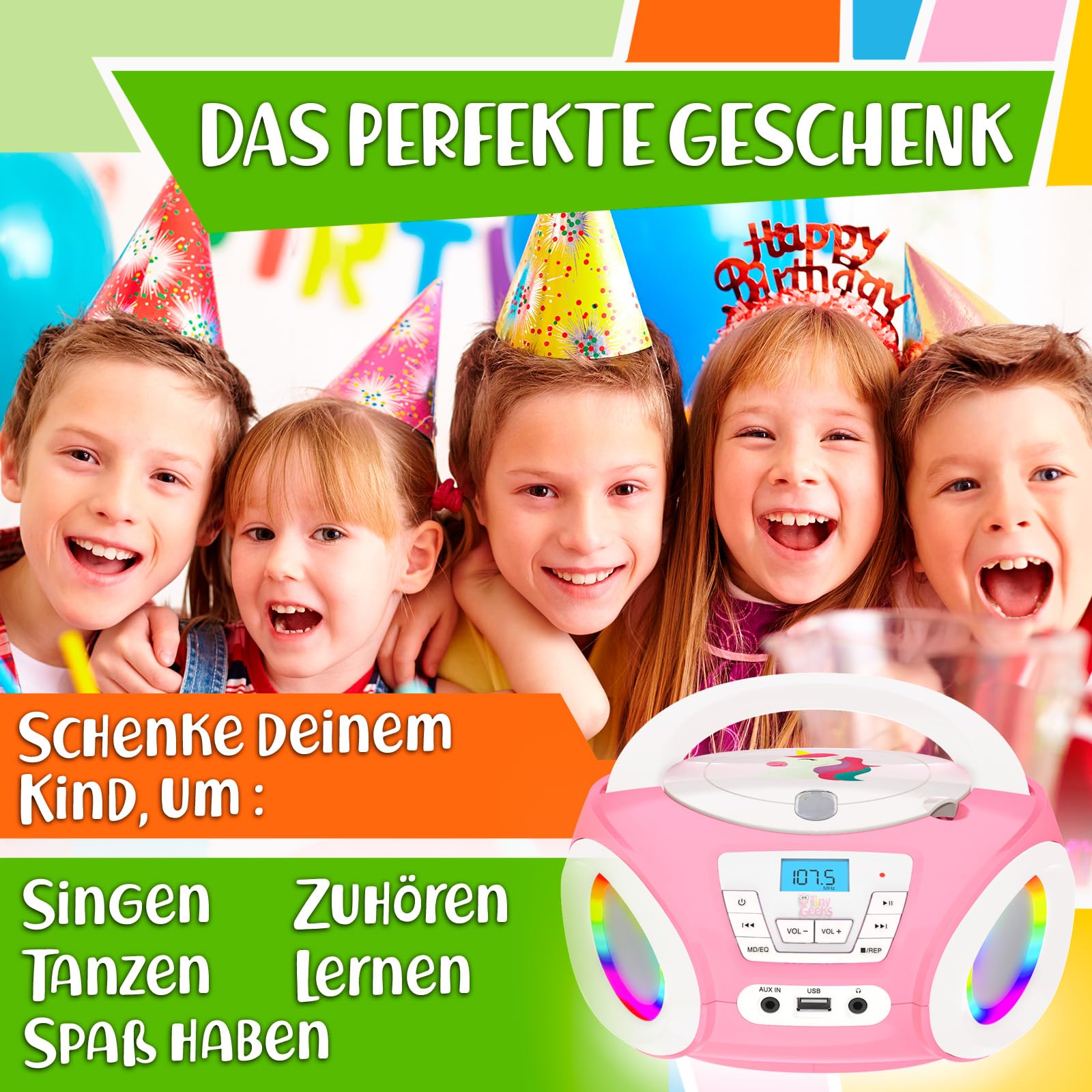 TINYGEEKS Tunes Kids Boombox CD-Player für Kinder NEU - UKW-Radio - Inklusive Batterien - Rose Radio - mit Lautsprechern Kinder und Kleinkinder - Rose