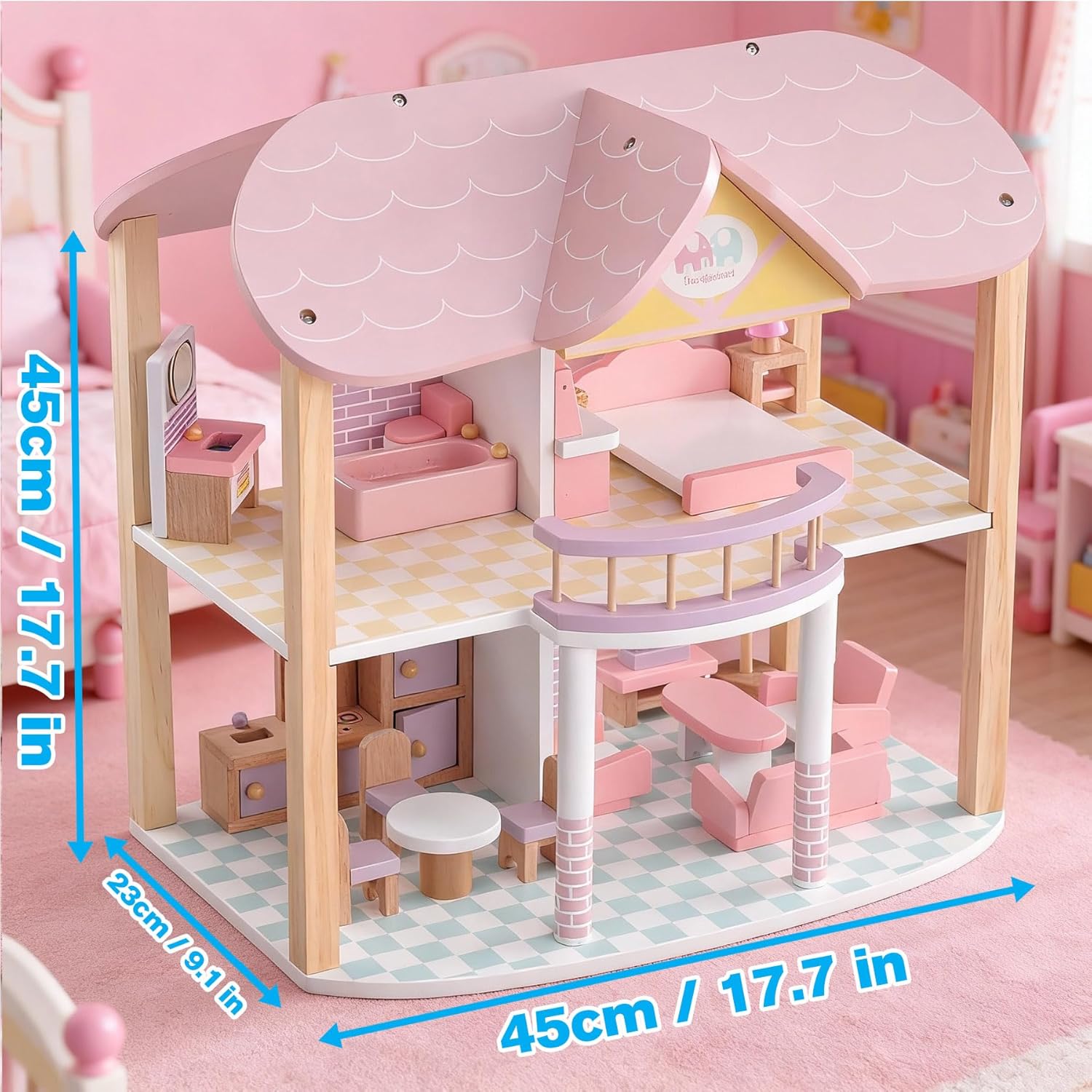Wooden Dollhouse for Girls, Pink Modern Doll House with 20Pcs Furniture & Accessories, Wooden DIY Pretend Doll House, Age 3+