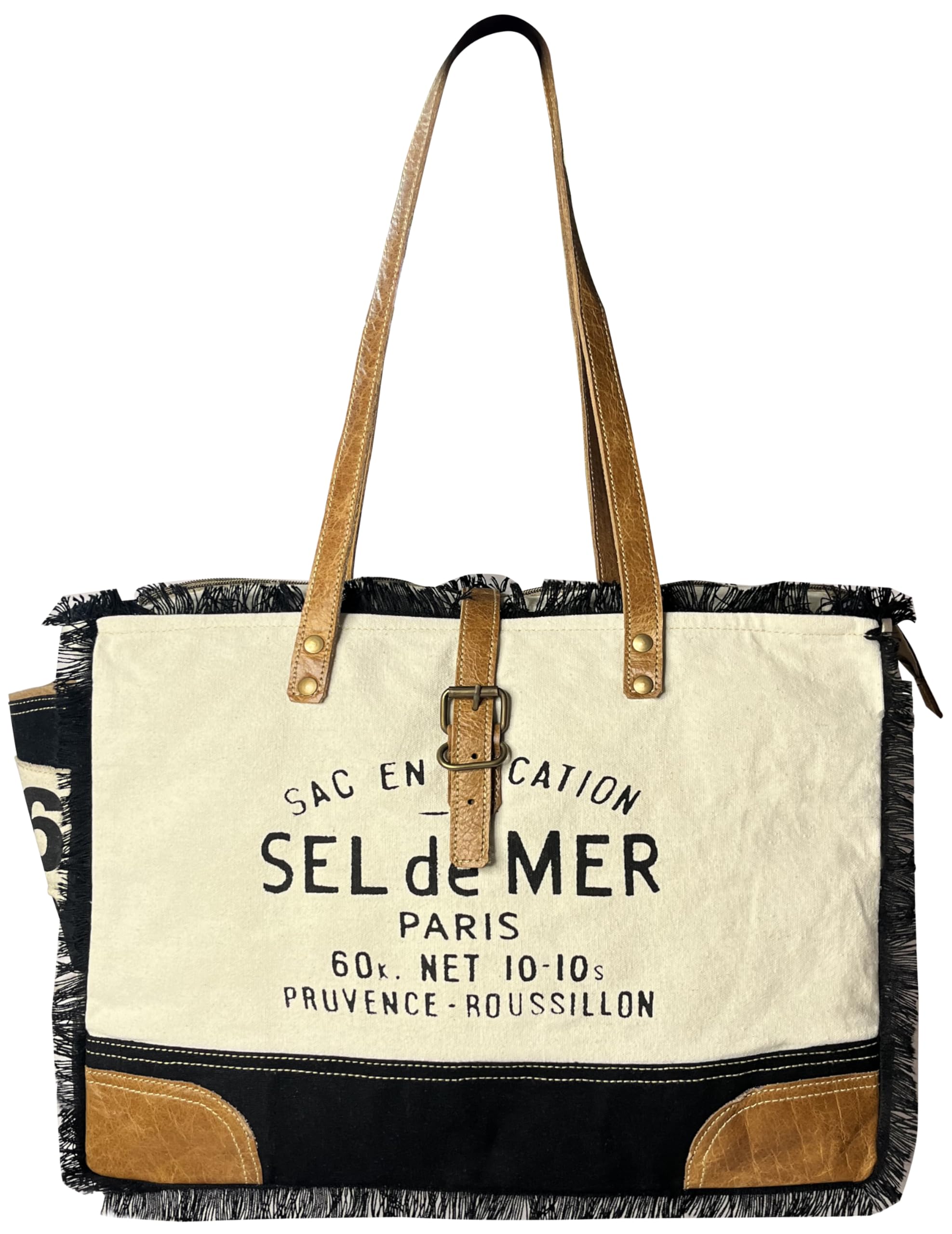 RUSTIC TOWN Canvas Leather Tote Bag for Women - Sel De Mer Upcycled Canvas Shoulder Hobo Travel Handbag Ladies Purse Satchel