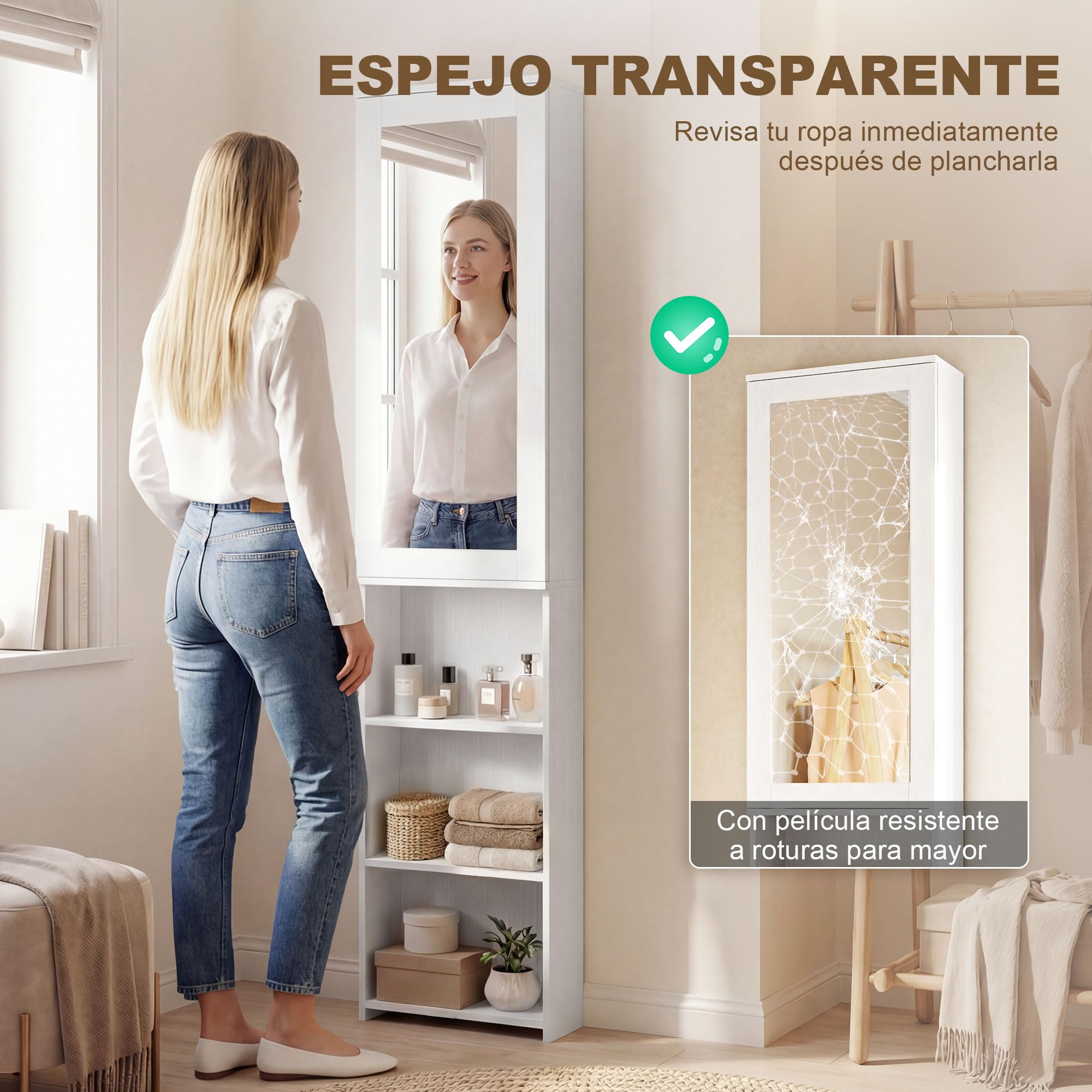 HOMCOM Mueble de Plancha con Espejo, Tabla de Planchar Plegable, Mueble Planchador con 6 Compartimentos, 2 Ganchos, para Espacios Reducidos, 107x35x174 cm, Blanco