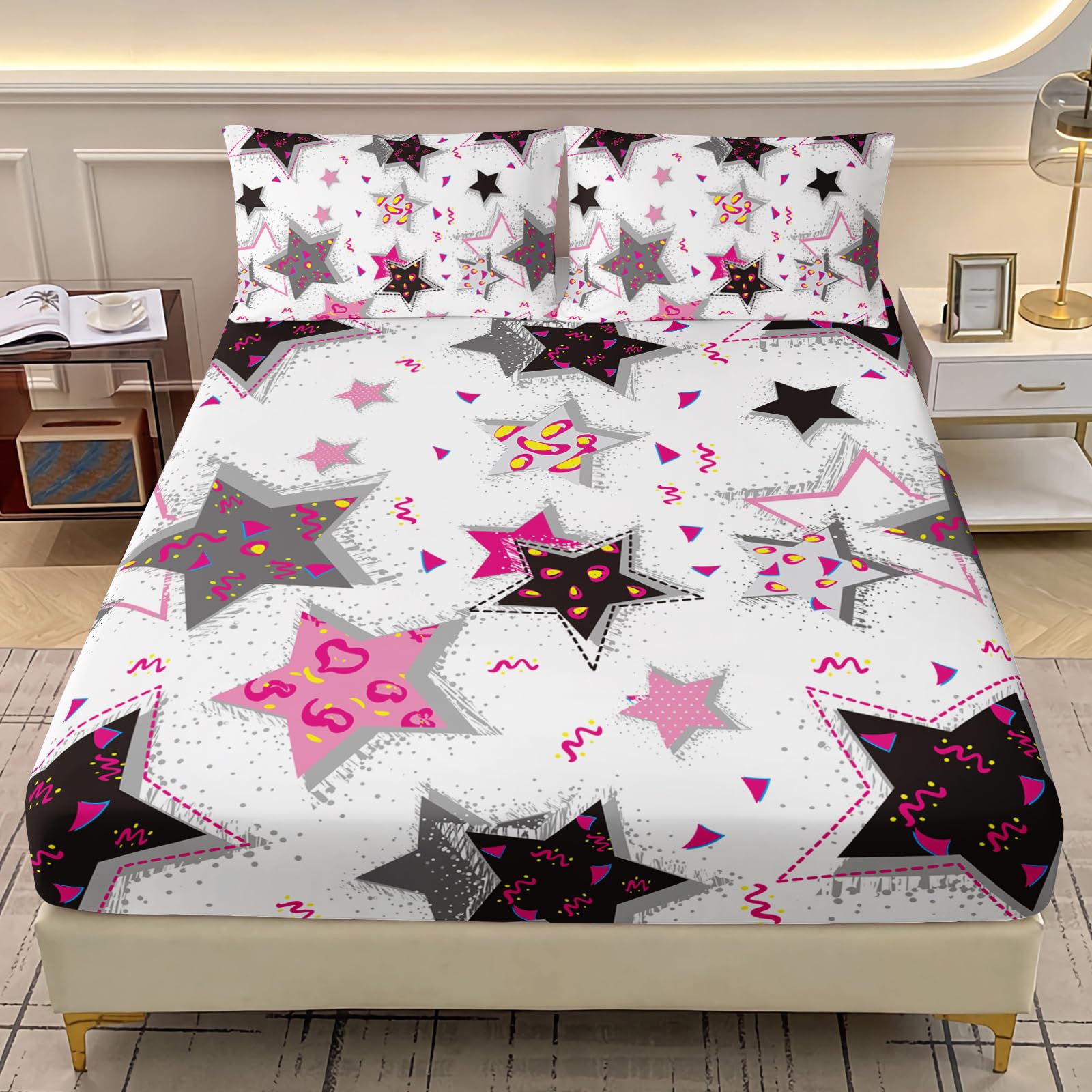 AILONEN Cute Stars Printed Bedding Set Twin XL Size 3Pcs,Pink Black White Fitted Sheet with 2 Pillowcases,Cartoon Starry Bed Sheet Set for Kids Toddler Boys Girls
