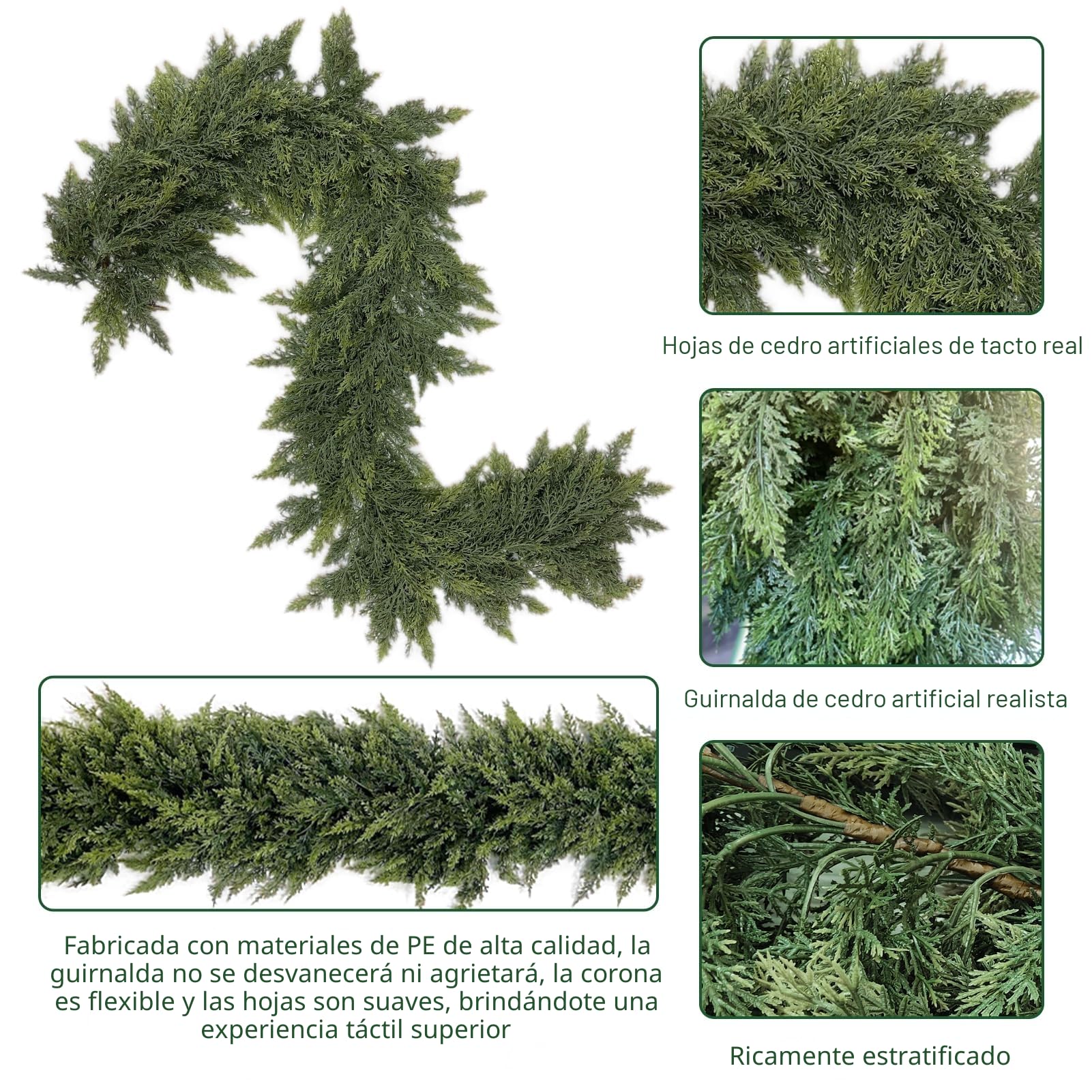 Guirnalda de Navidad artificial de cedro verde - Guirnalda de agujas de pino Norfolk de 1,8 m para vacaciones, chimenea, ventana, escaleras, interior y exterior (1,8 m de grosor)