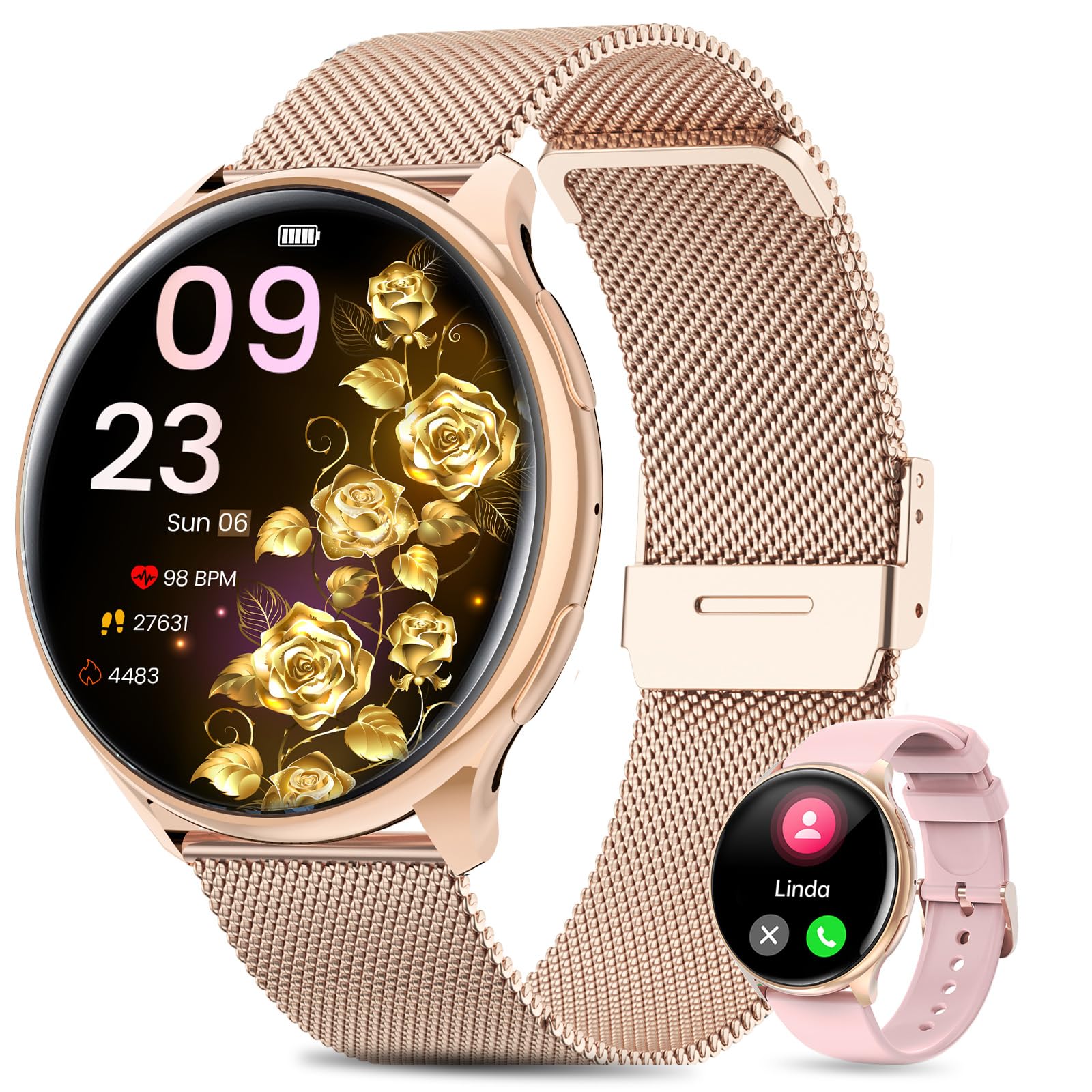 QEYUMYEU 2025 Smartwatch Donna con ET/HRV/SIRI - 1.39" TFT Orologio con Chiamate, 24H Sonno Cardiofrequenzimetro, SpO2, Ciclo Mestruale, IP68, Monitoraggio Fitness, per Android & iOS (Oro)