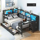 Hasuit Twin Corner Bed with Desk and Storage Bookcase&comma; Daybed with 2 Drawers & 2 Storage Bins&comma; Twin Size Platform Bed Frame with Charging Station and LED Light&comma; Modern Teenagers Bedframe&comma; Black