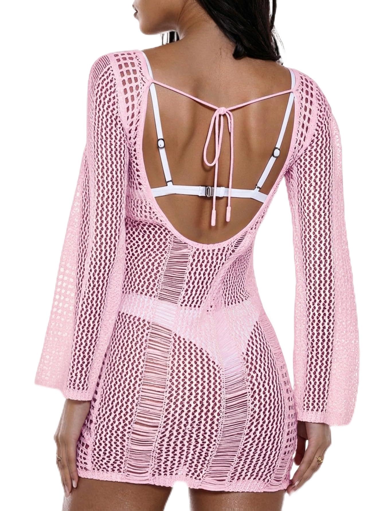 Floerns Women's Crochet Cover Up Long Sleeve Hollow Out Bikini Swimsuit