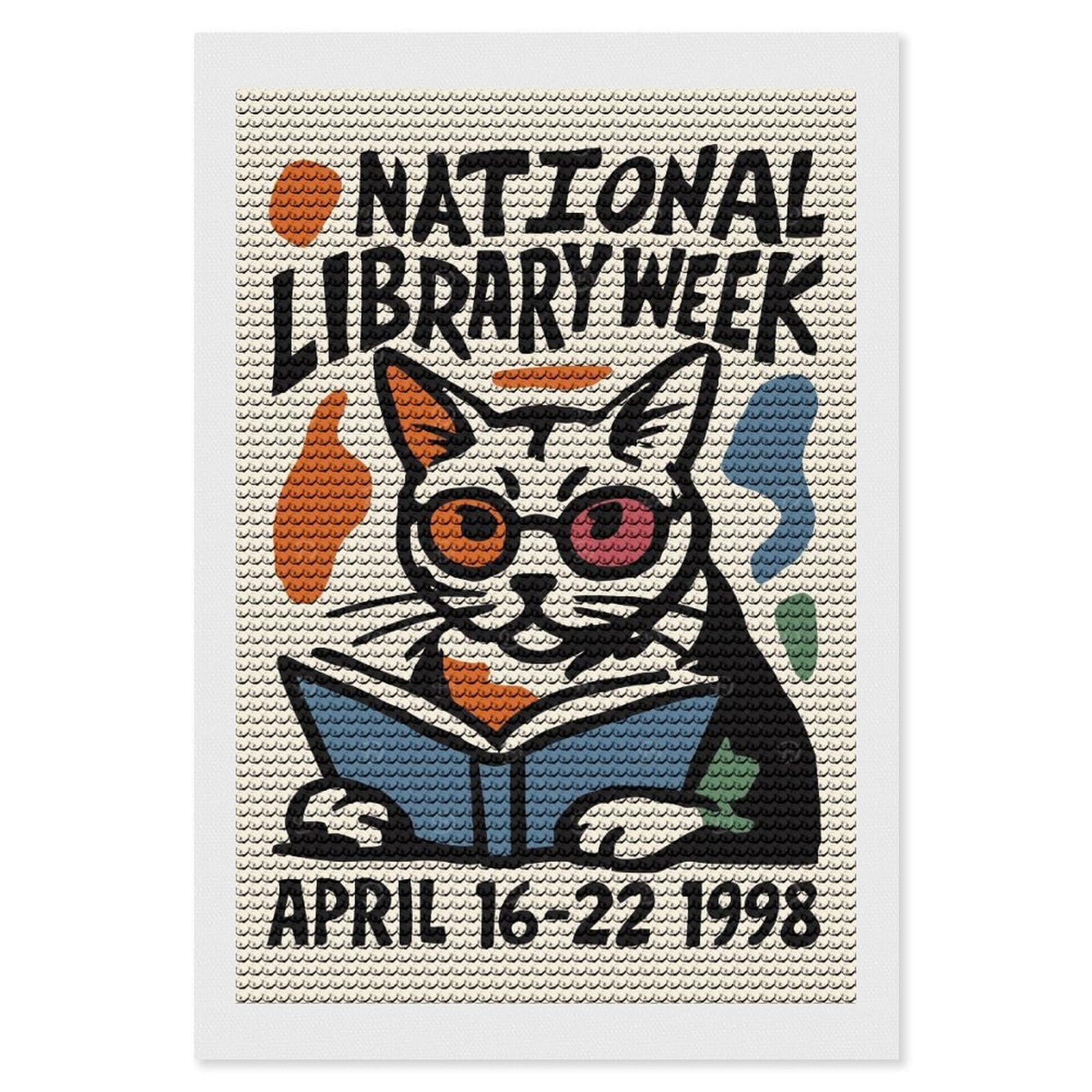 Junmoney National Library Week Cat DIY Diamond Art Canvas Kit 8"x12", for Adults, Decorate Your Room, Gift Idea, Modern Decor, Finish and Display