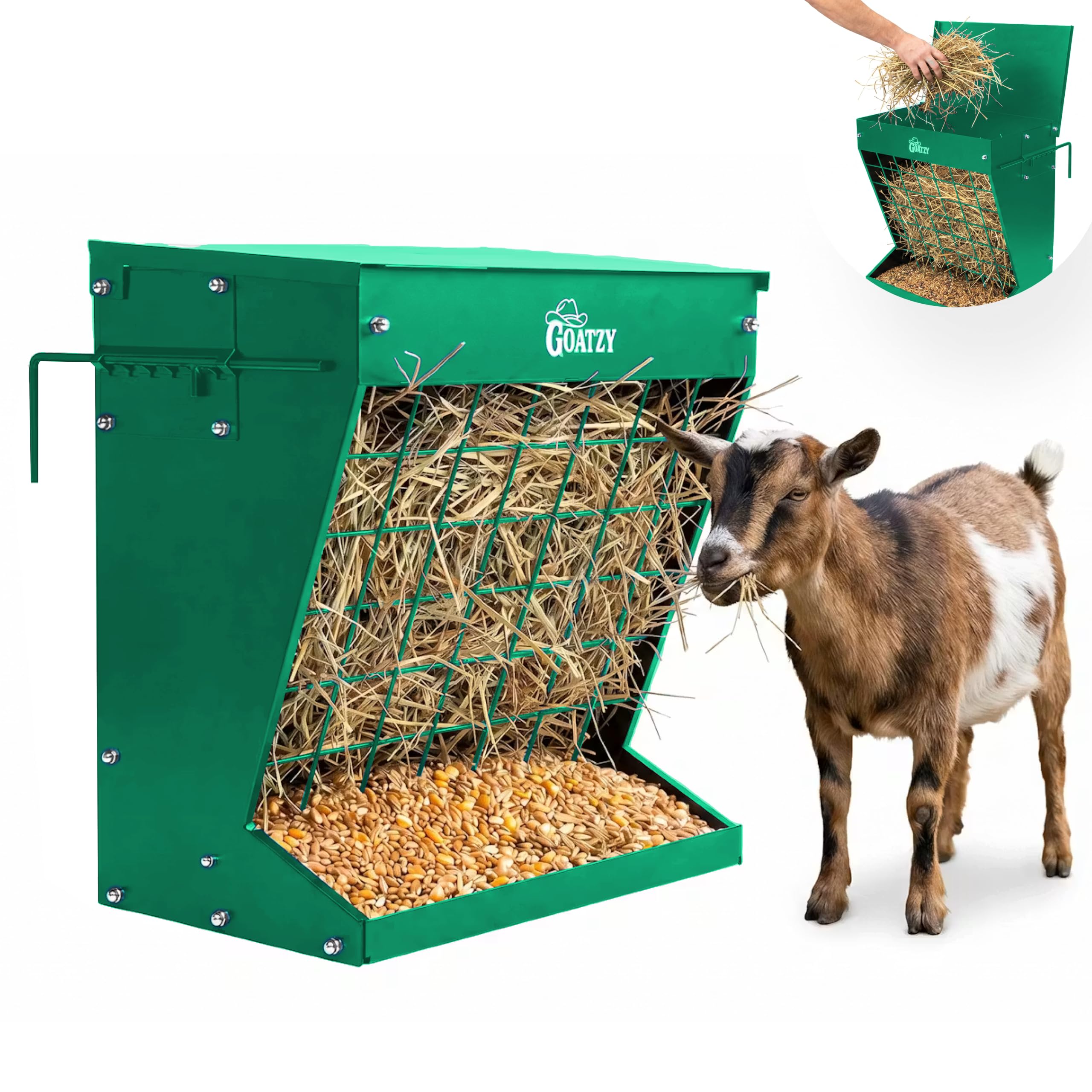 Mangiatoia per fieno a parete per capre, mangiatoia per fieno coperta per cavalli con tetto, 2 in 1 25 galloni fieno rack e grano, gancio appeso sul supporto per recinzione, alimentatore per