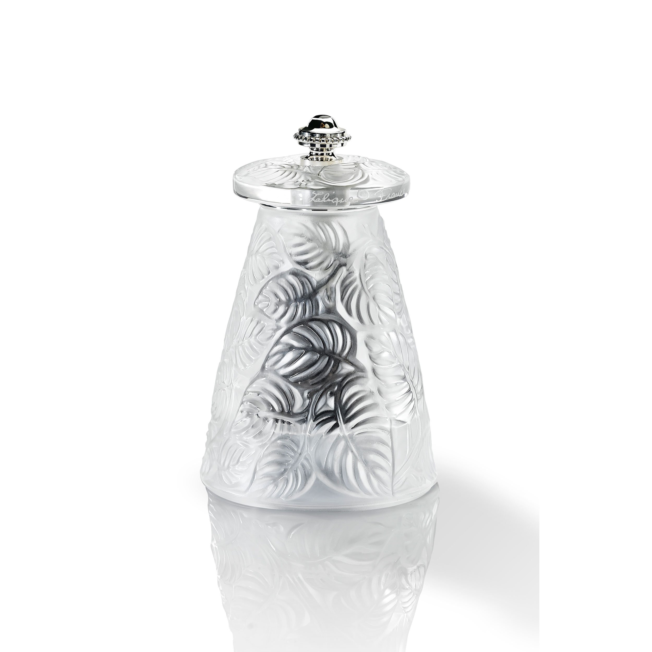 Peugeot, Salt Mill Lalique Feuilles, Clear Crystal, Handcrafted in France, Original René Lalique Design 1924
